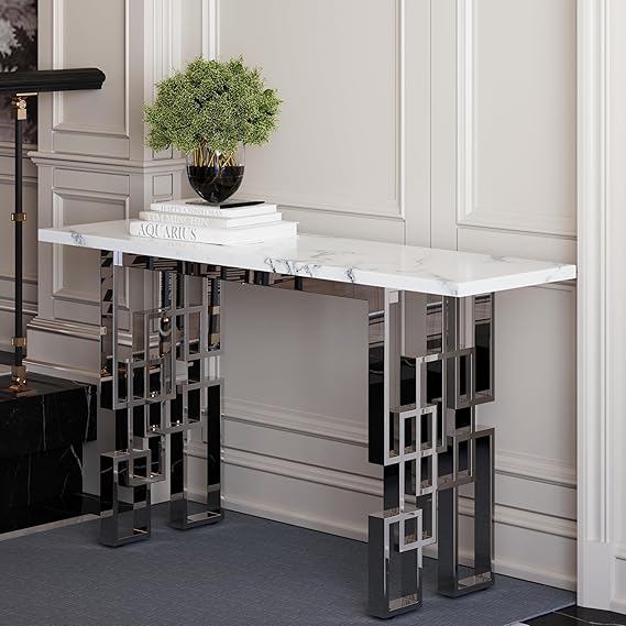 55" White Gold Console Table - Modern Rectangle Entryway Sofa Table