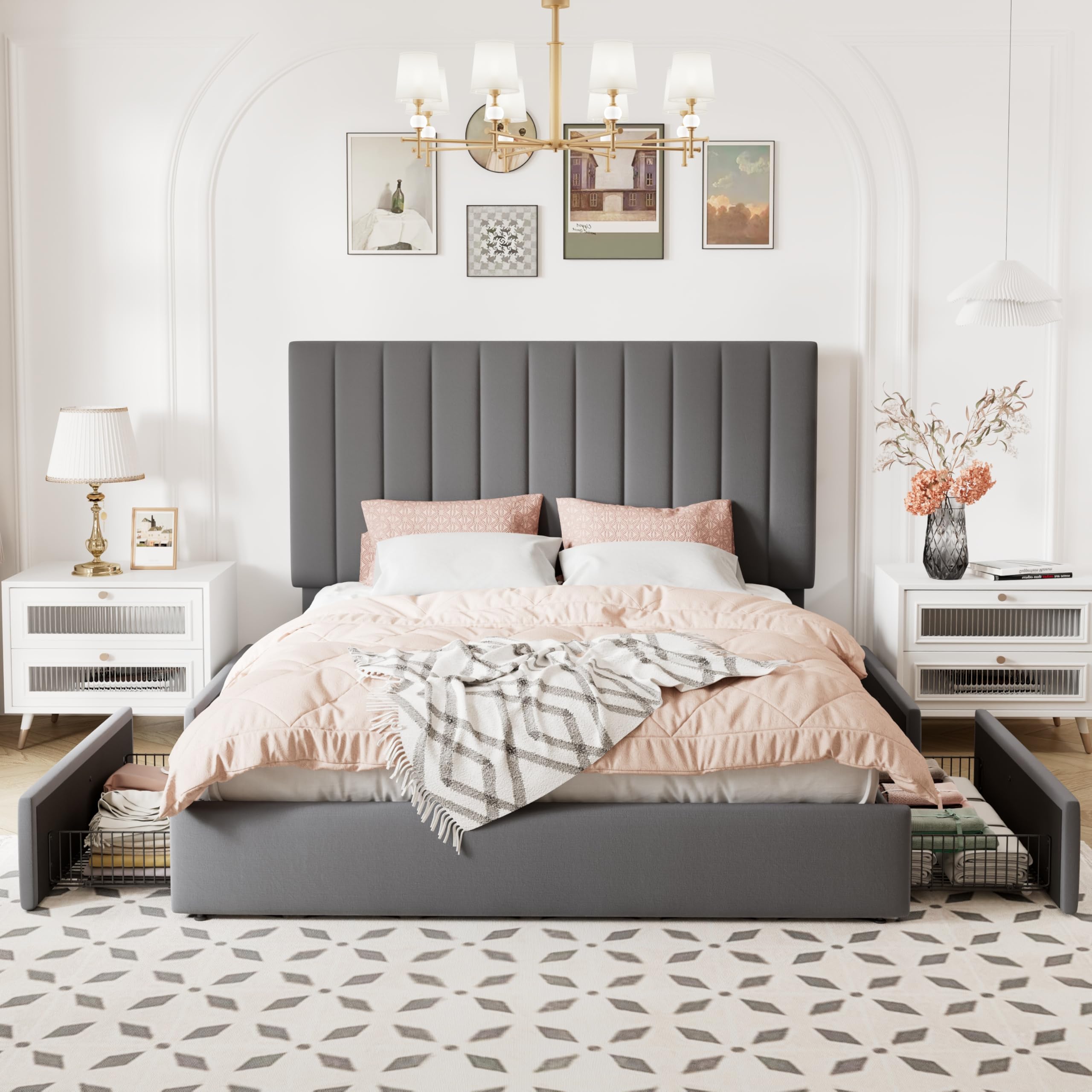 Queen Size Storage Bed Frame with Adjustable Tufted Headboard