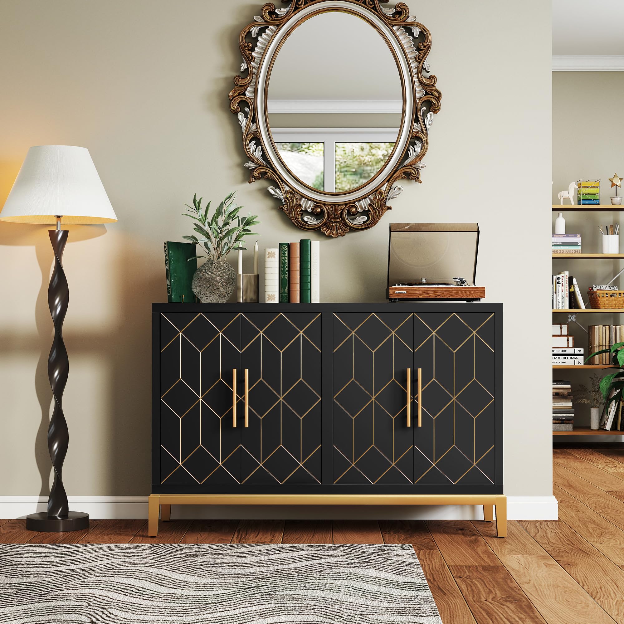 4-Door Storage Accent Cabinet with Gold Lines