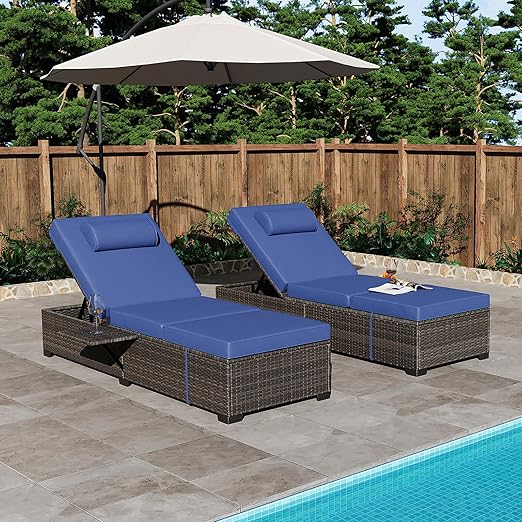 PE Wicker Rattan Chaise Lounge Chair Set of 2