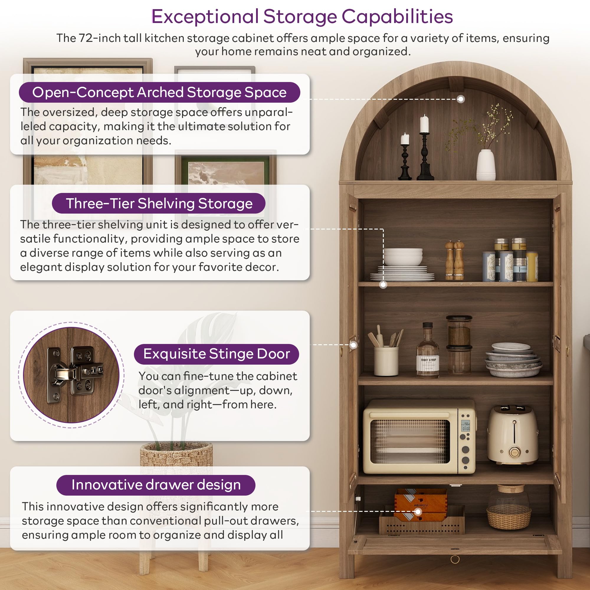 71" Tall Arched Pantry Cabinet with Drawer and Glass Door