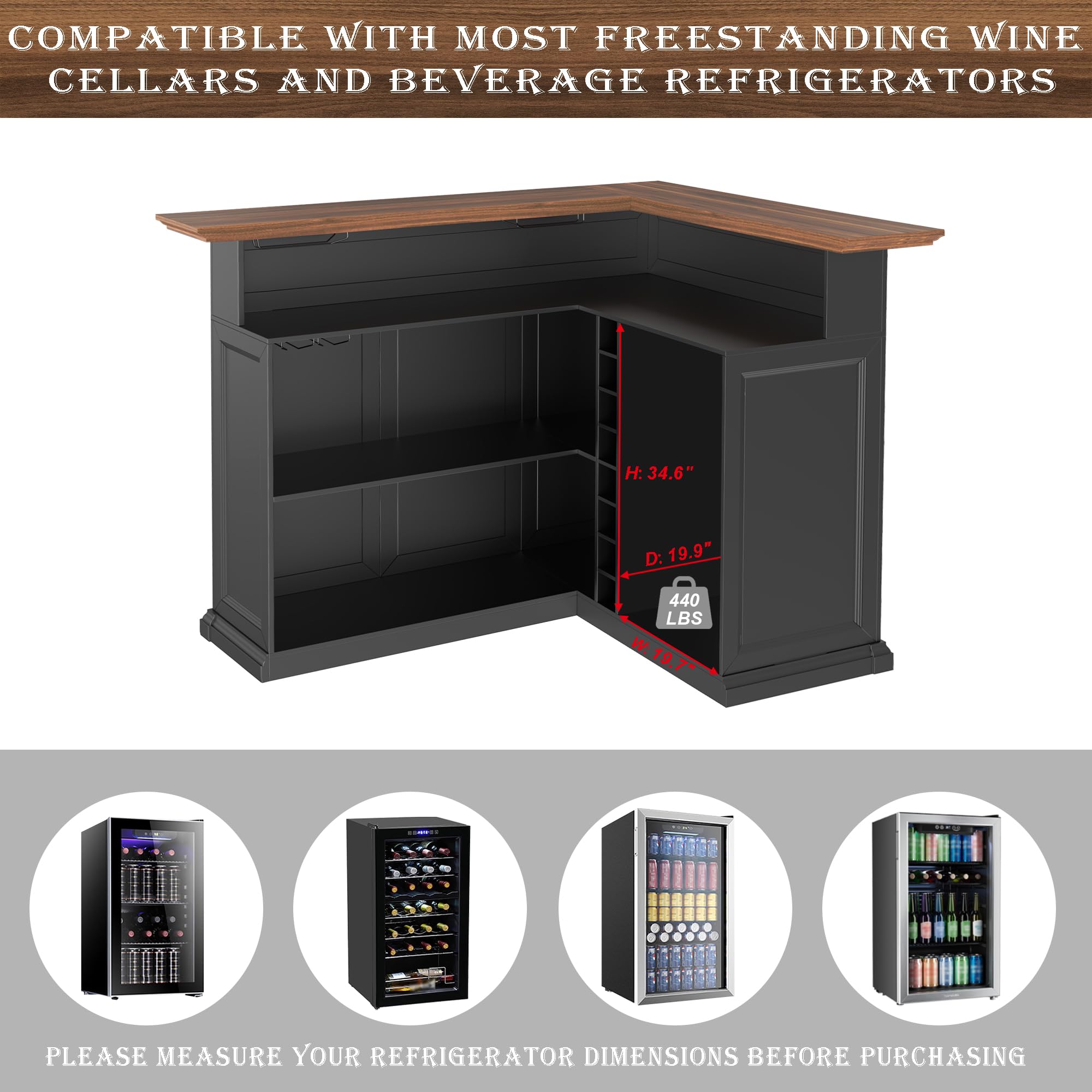 L-Shaped Home Bar Cabinet with Fridge Space