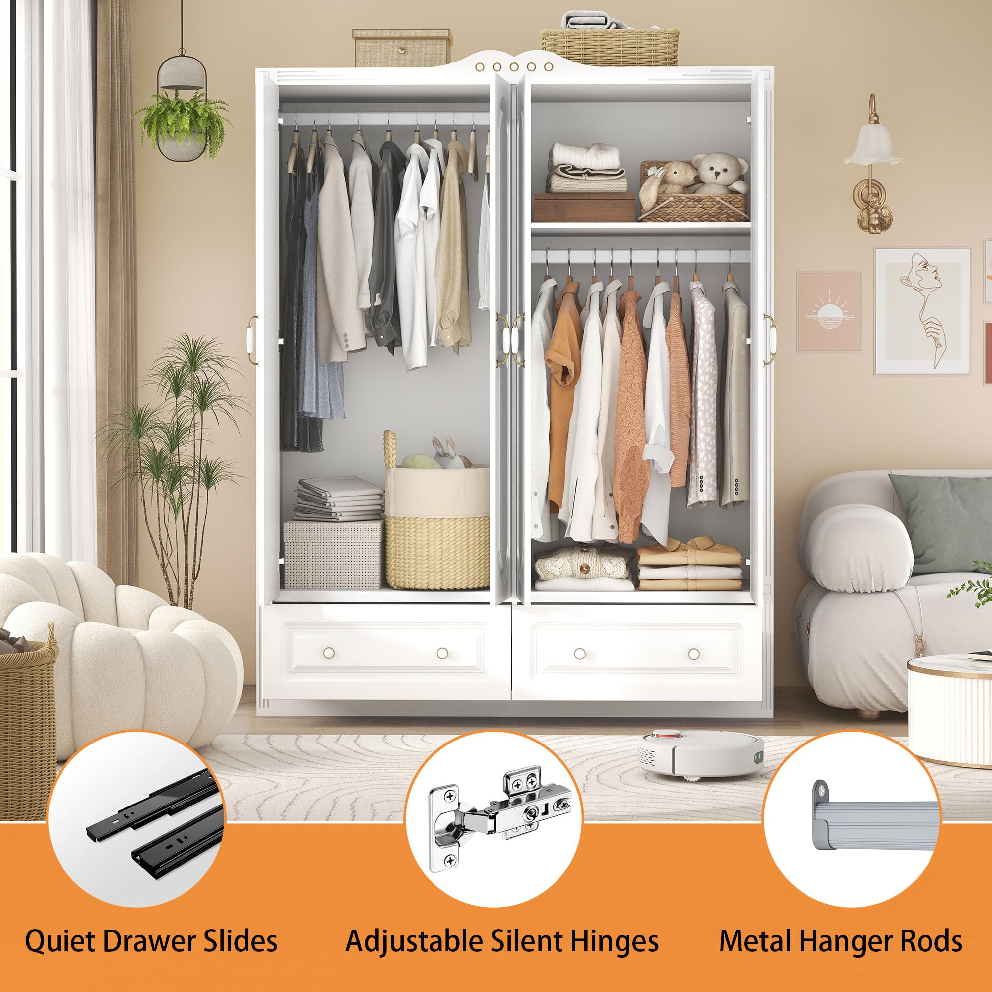 Wardrobe Closet with Drawers and Hanging Rod