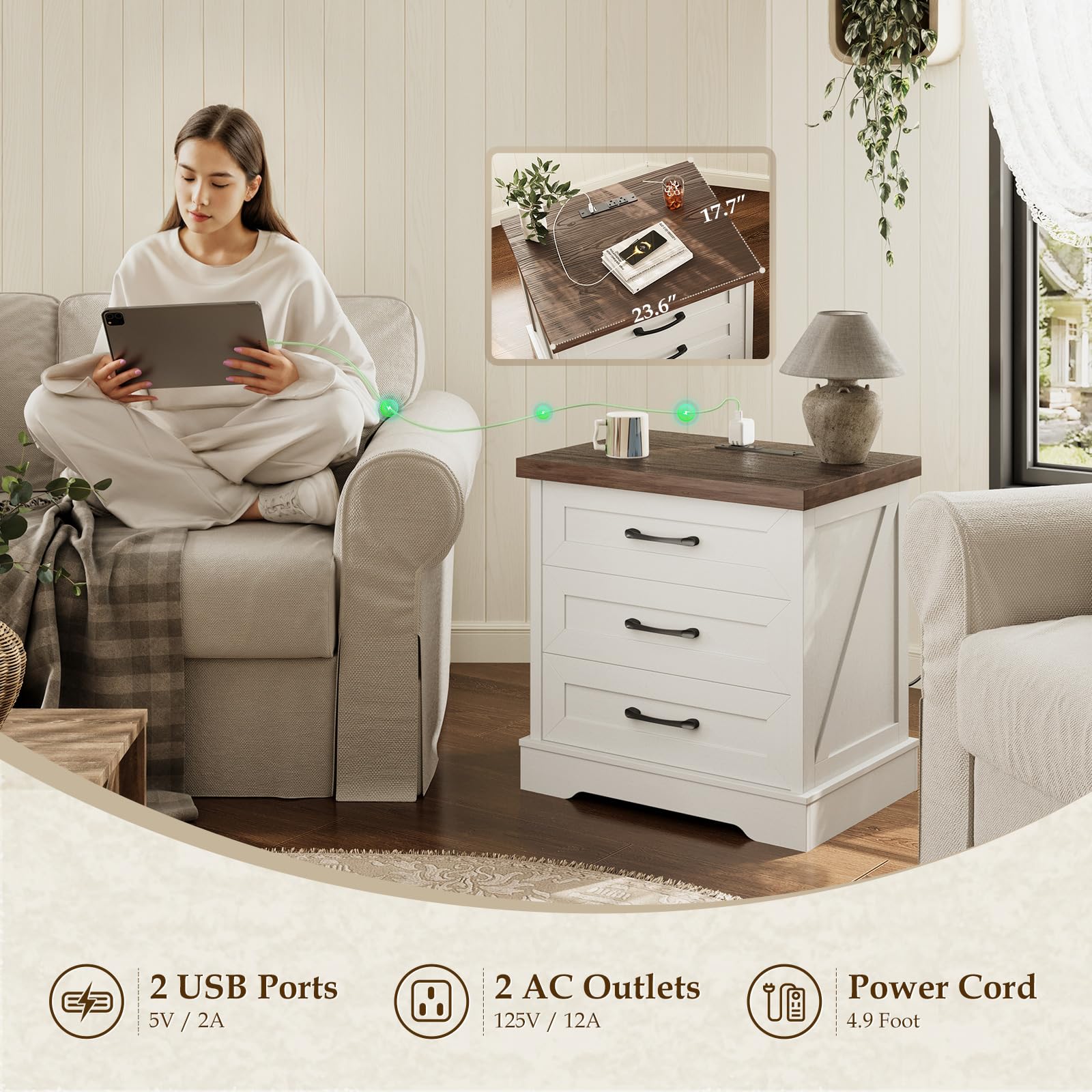 Farmhouse Nightstand with Charging Station and 3 Drawers