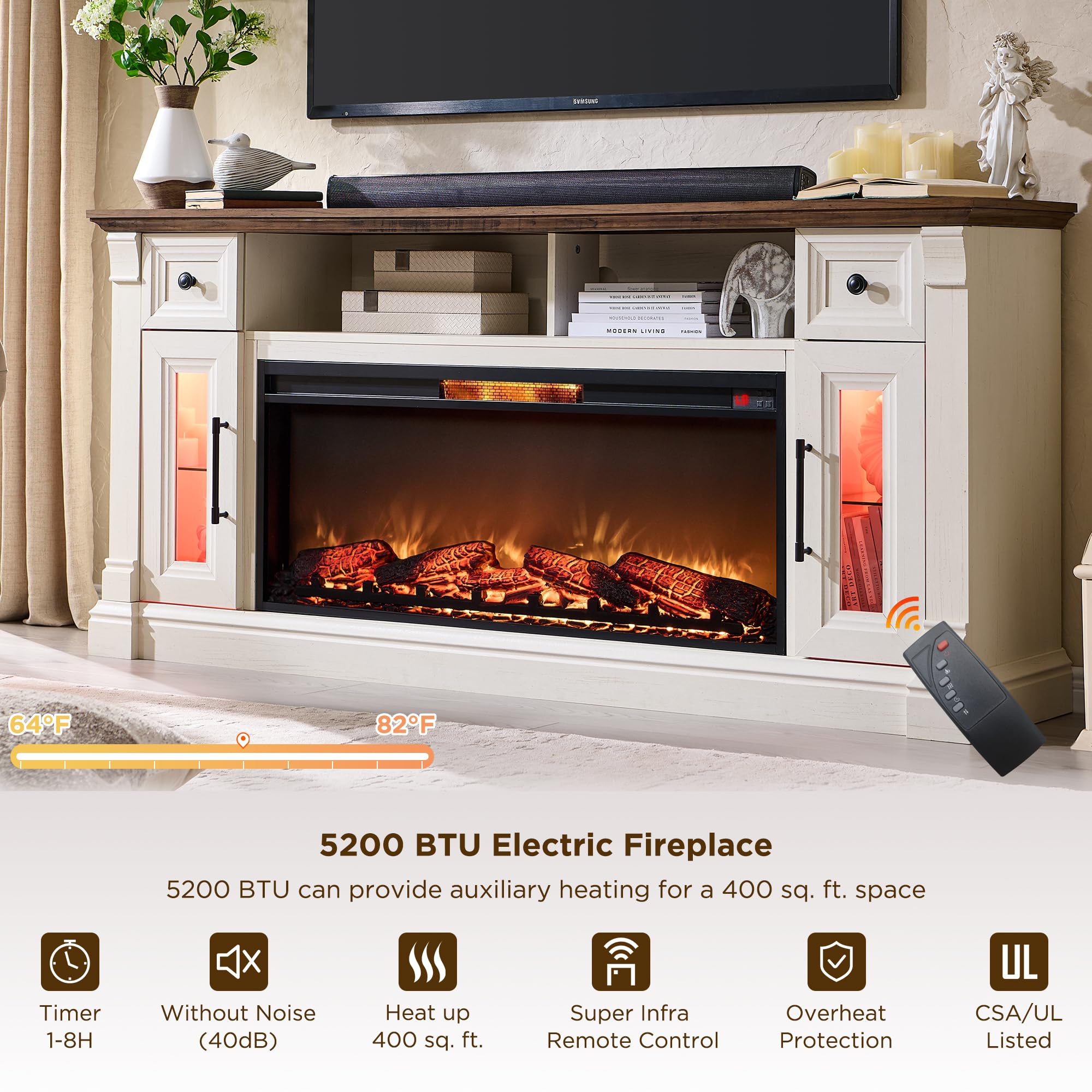 Fireplace TV Stand for 80 Inch TV with Electric Fireplace & LED Lights