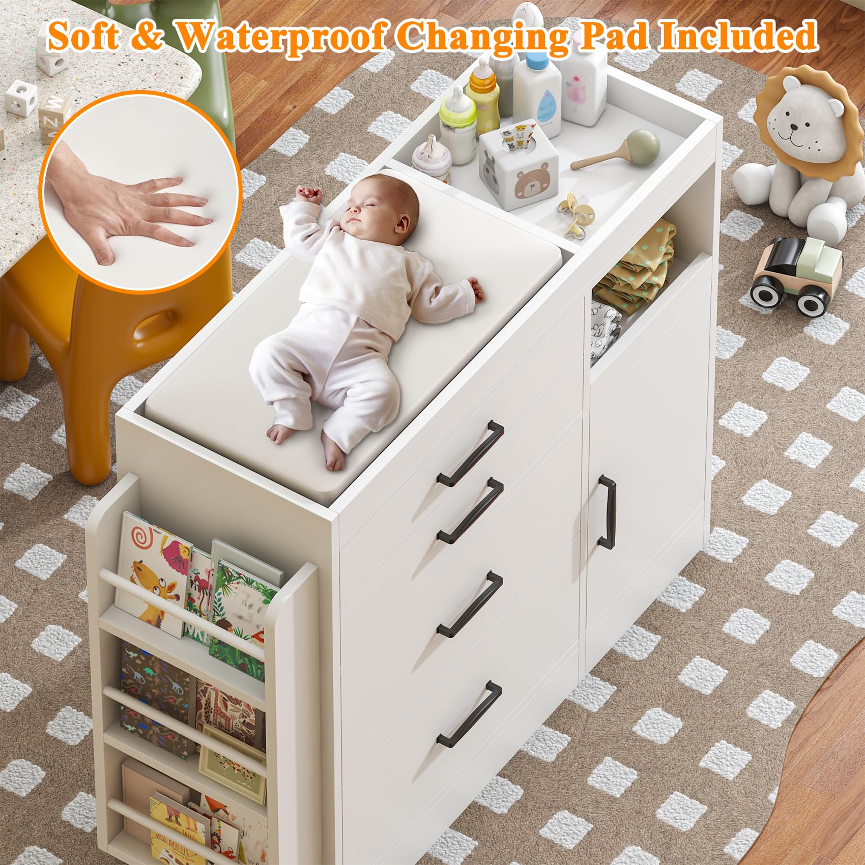 Changing Table Dresser with 4 Drawers Cabinet and Open Shelves