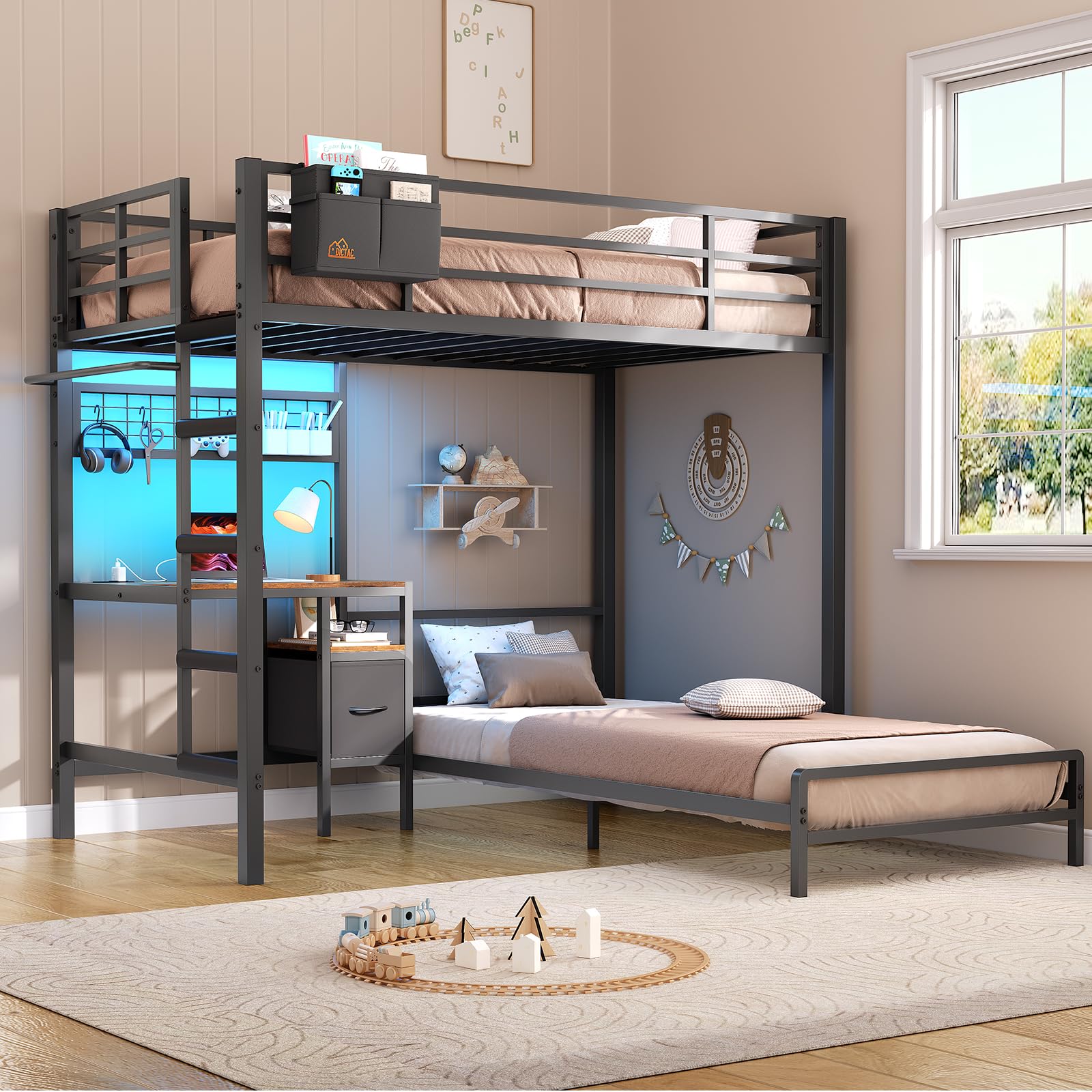 L-Shaped Twin Over Twin Bunk Bed with Desk and LED Lights