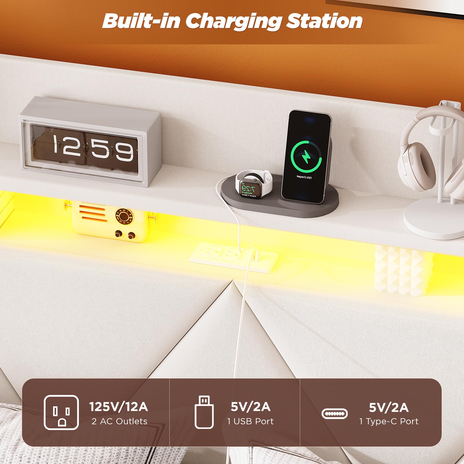 Queen Size Storage Bed with LED Lights