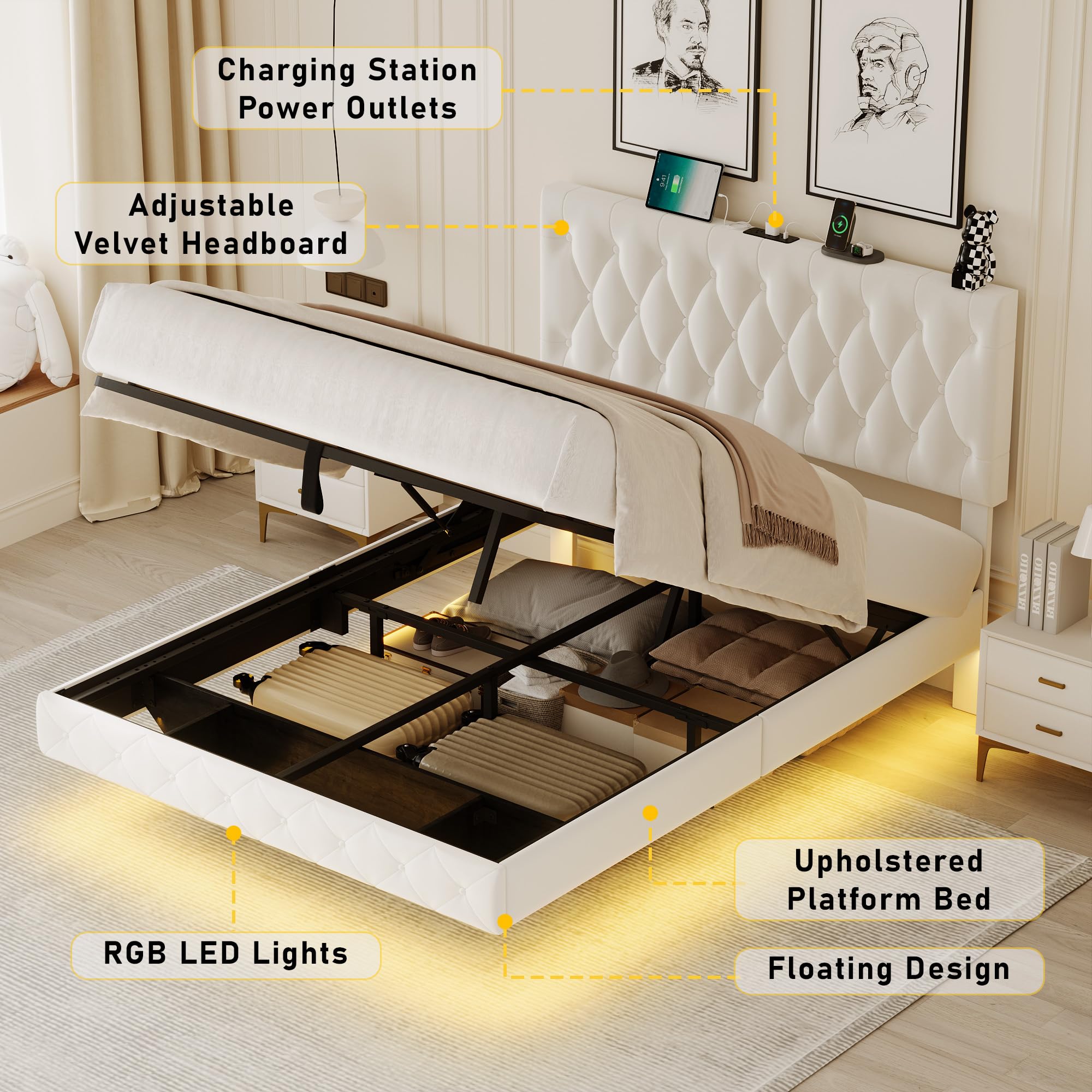 Queen Size Hydraulic Lift Storage Bed with LED Lights