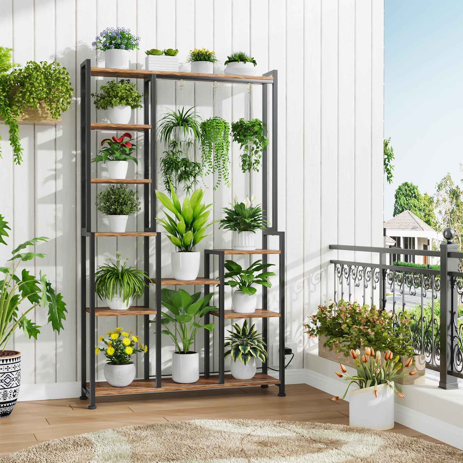 Indoor Tiered Metal Plant Stand with Grow Lights and Hooks