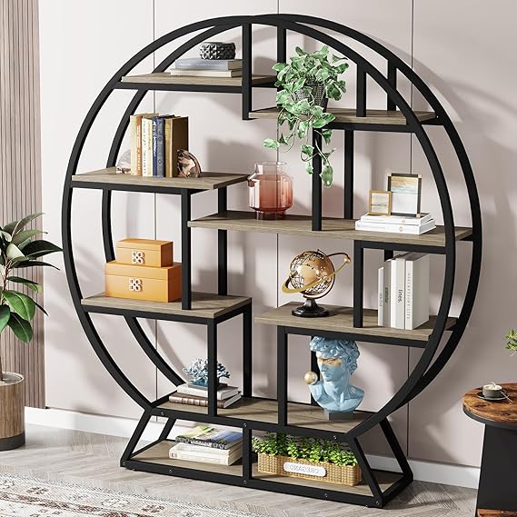 63 Inch Round Industrial Bookshelf with Staggered Shelves