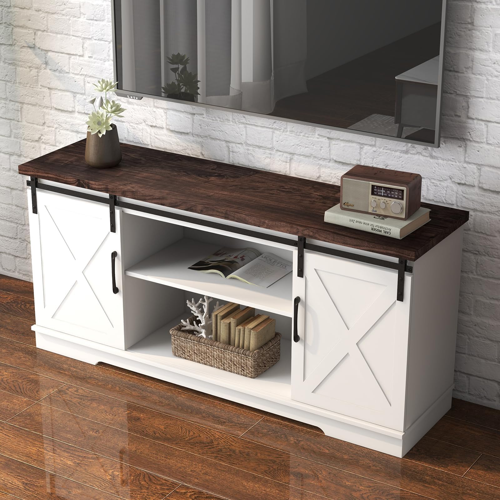 Farmhouse TV Stand with Sliding Barn Doors for TVs up to 65"