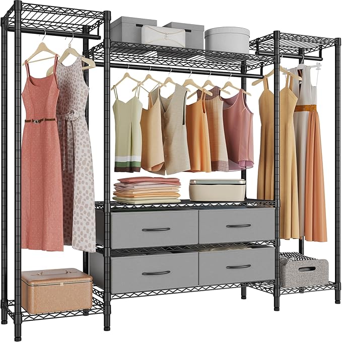 Wire Garment Rack with 6 Shelves, 3 Hang Rods & 4 Fabric Drawers