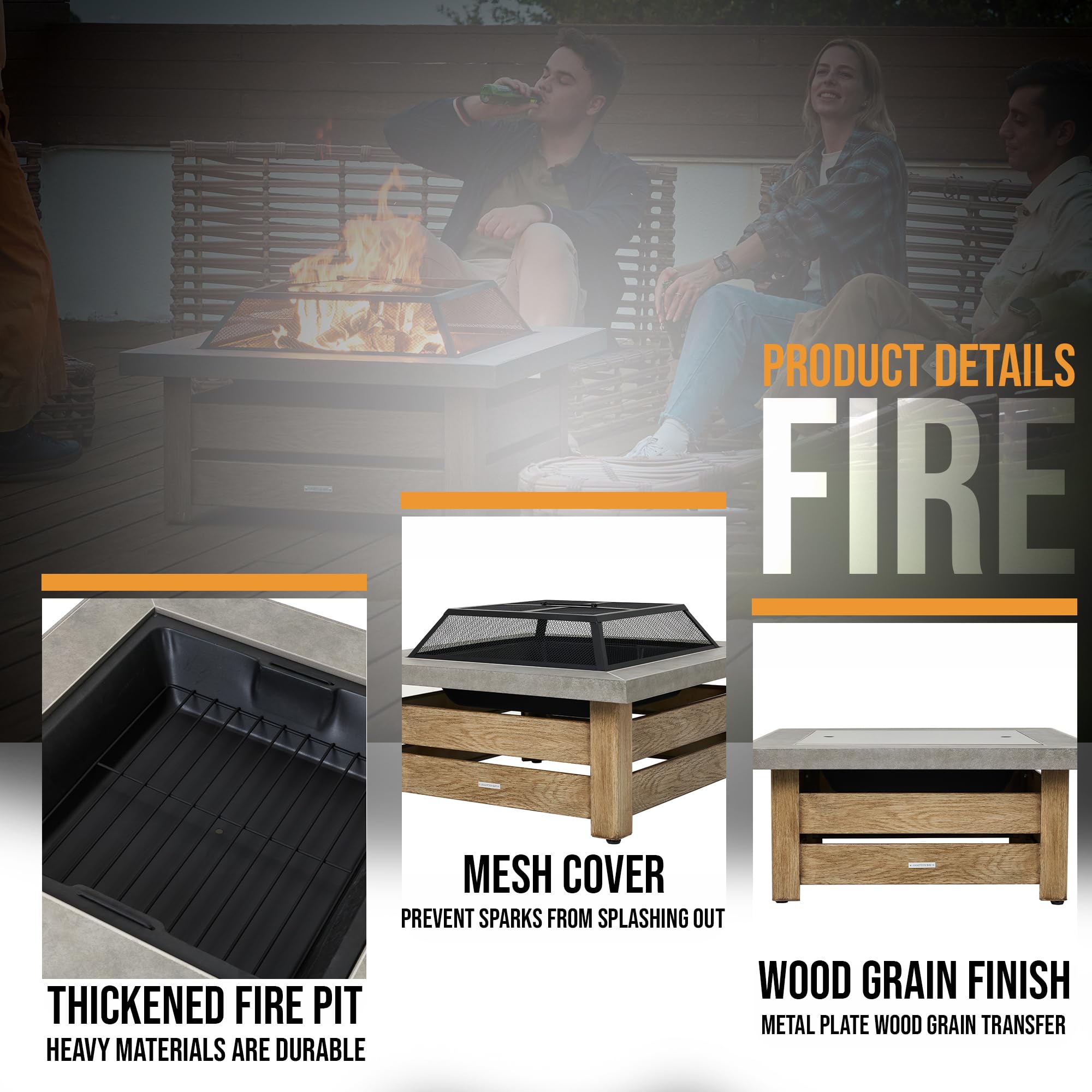 Square Wood Burning Fire Pit with Wood-Grain Panels
