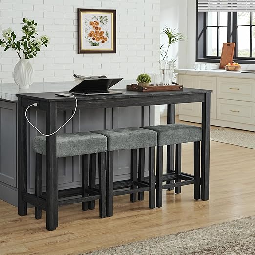 Industrial 3-Person Counter Height Bar Table Set with Power Outlet