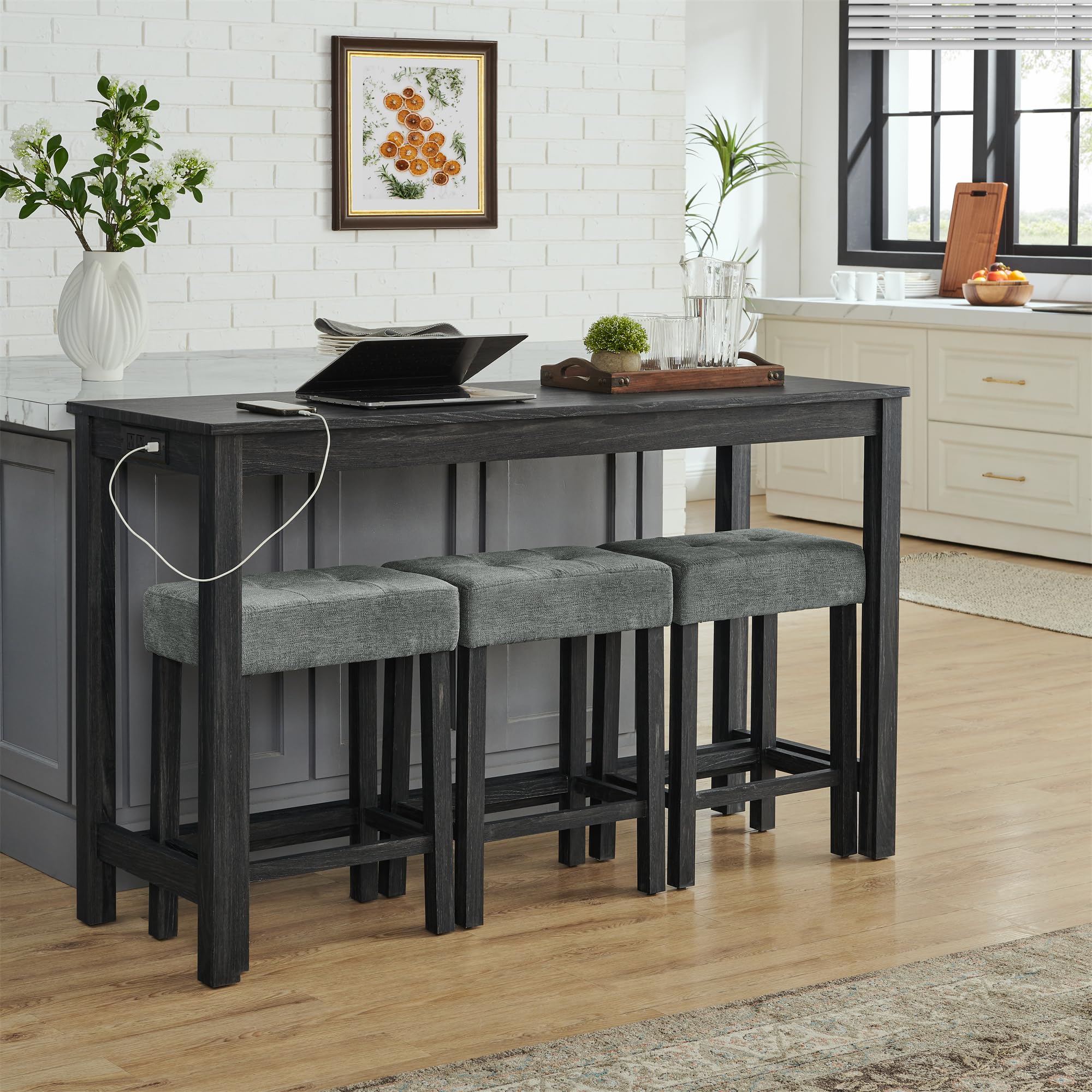 Industrial Counter Height Bar Table Set with Power Outlet