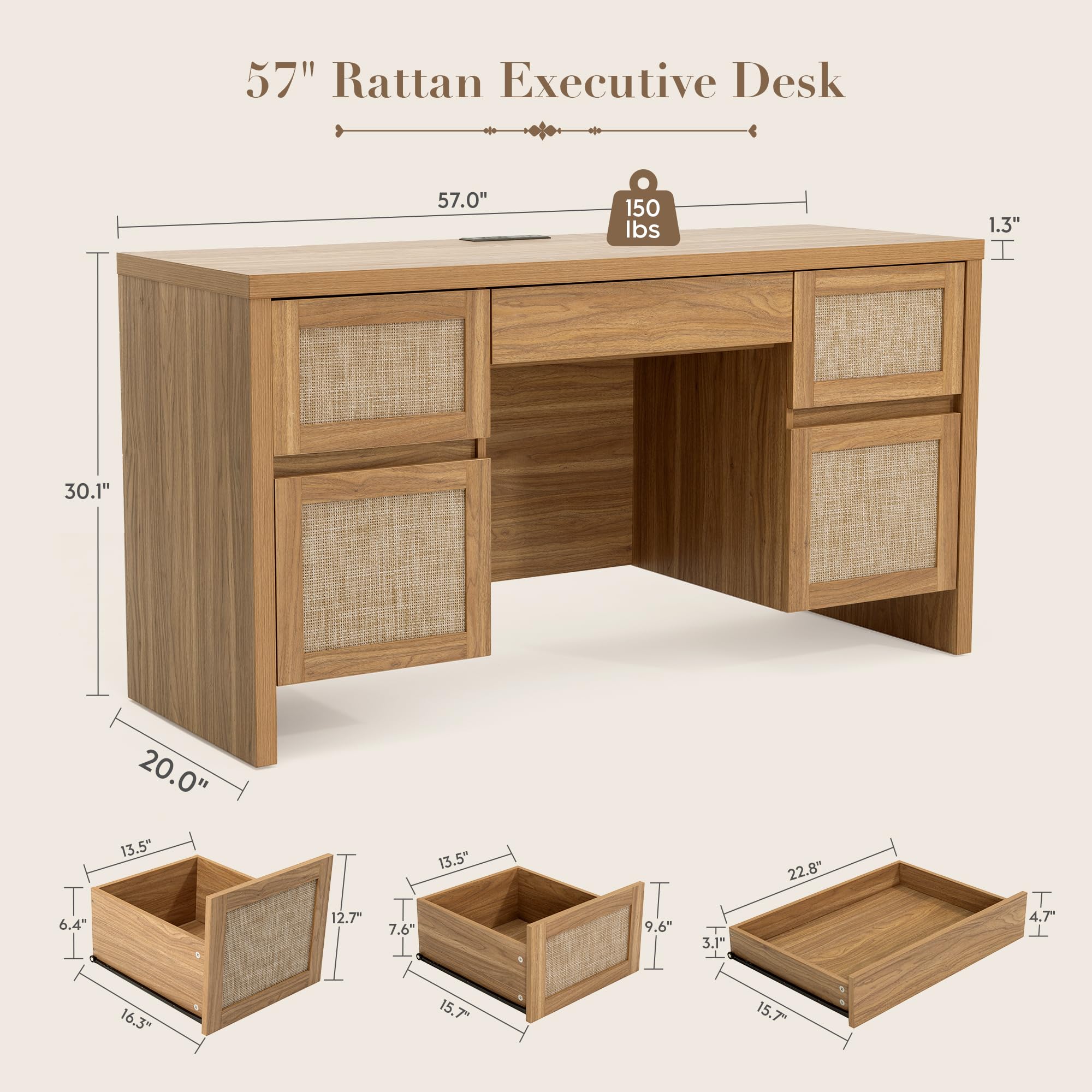 Executive Desk with 5 Drawers and Charging Station