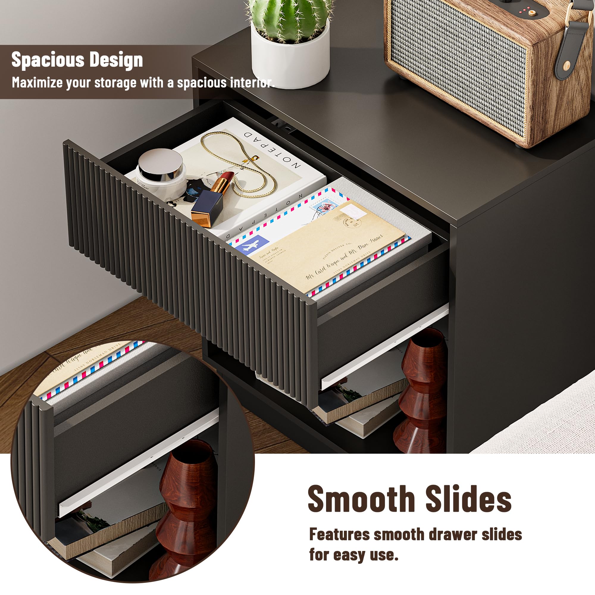 Fluted Nightstands Set of 2 with Drawer and Storage Shelf