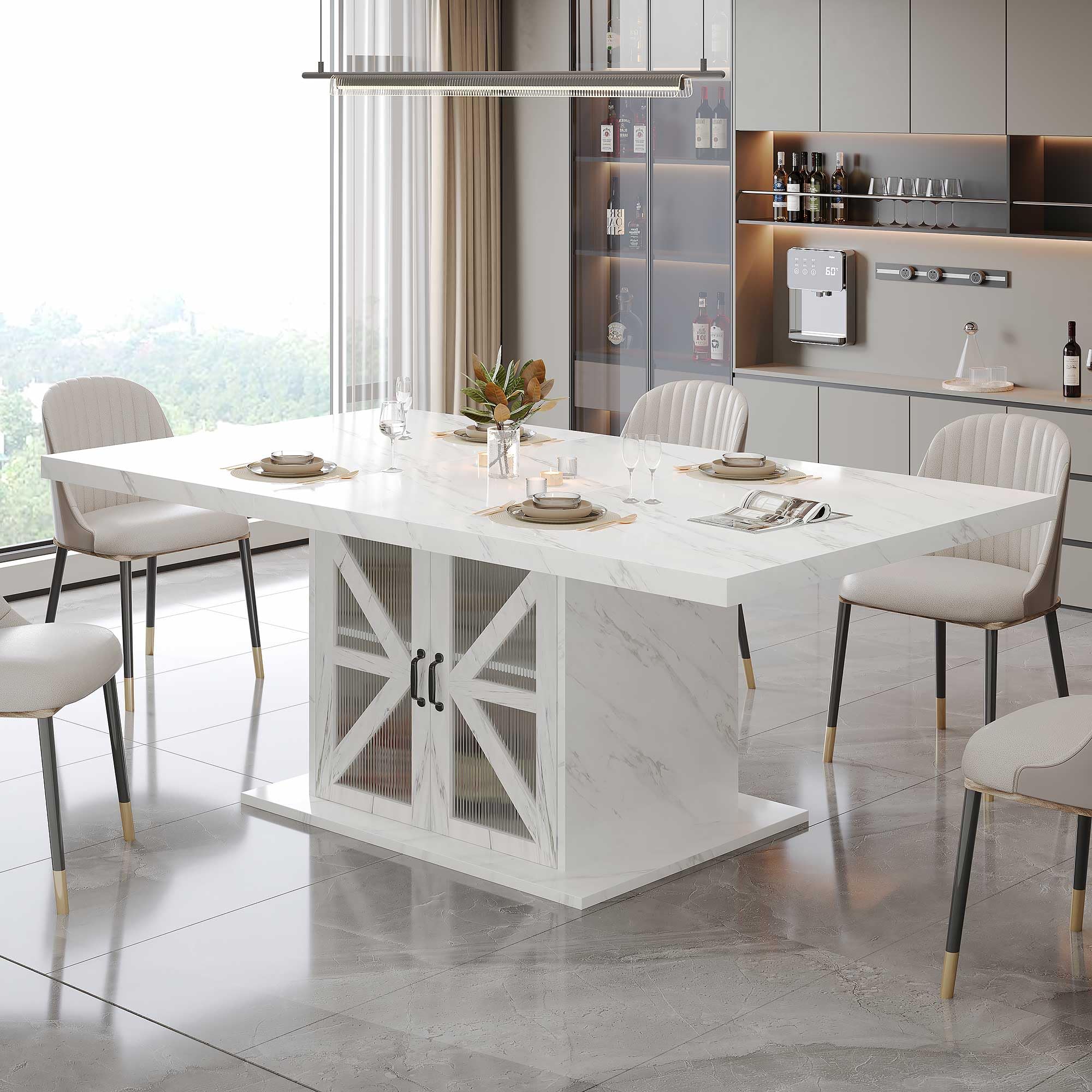 Modern White Dining Table with Storage - 63 Inch Rectangle