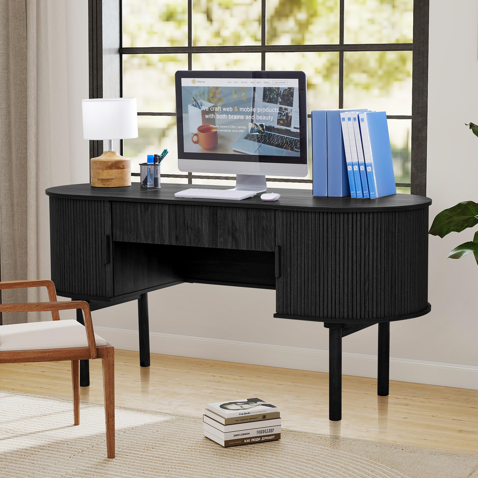 Modern Fluted Oval Executive Desk with Storage