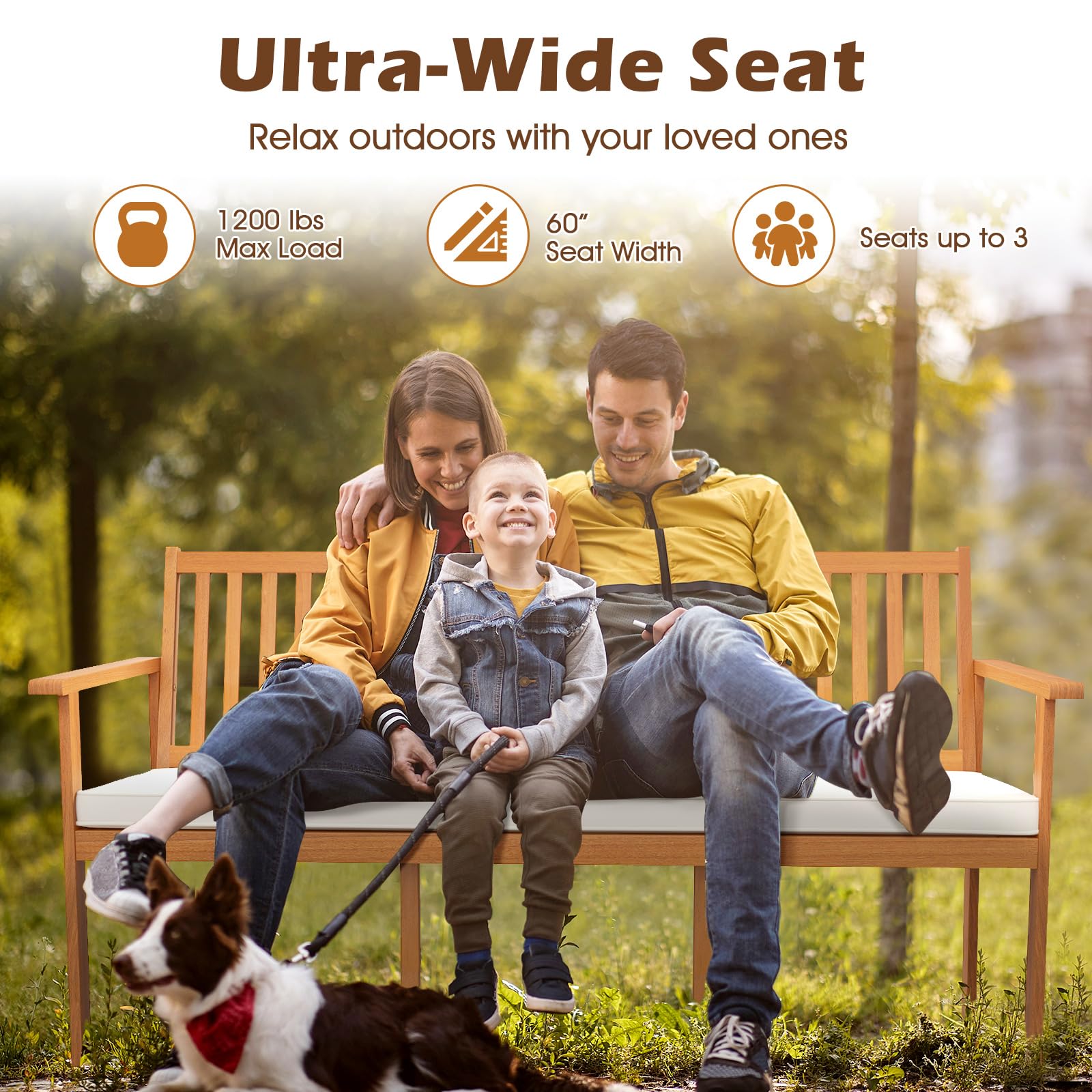 3-Person Acacia Wood Outdoor Bench with Cushion