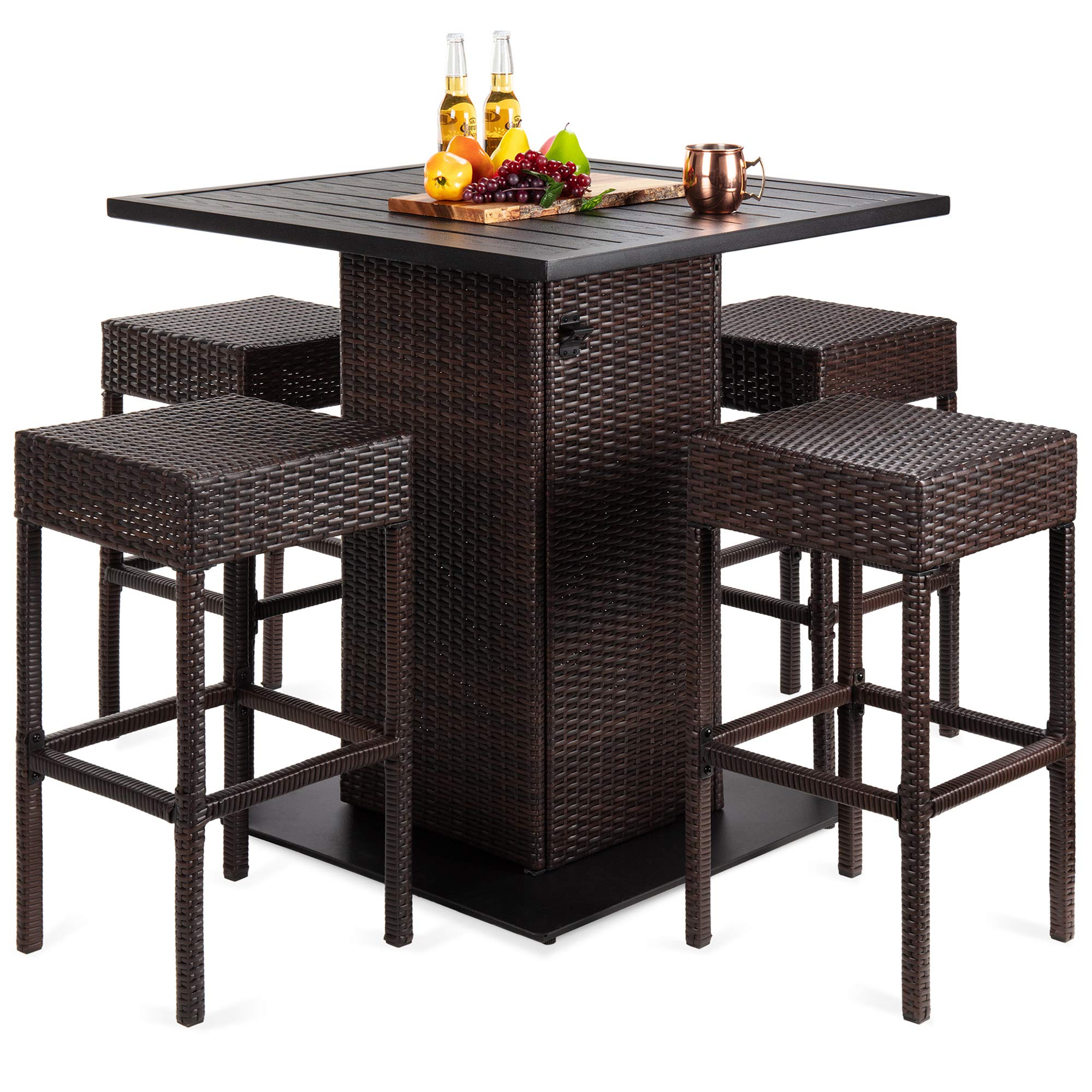 5-Piece Outdoor Wicker Bar Table Set with Storage