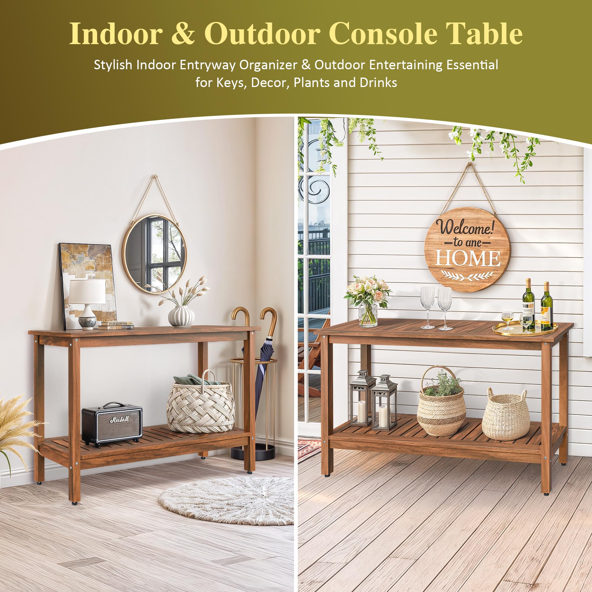 Outdoor Solid Wood Console Table 48" 2-Shelf Natural