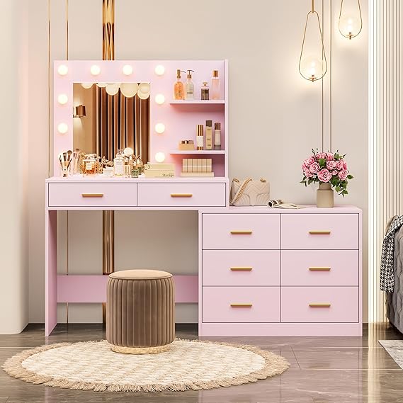 61 in Makeup Vanity Desk with Mirror and Lights