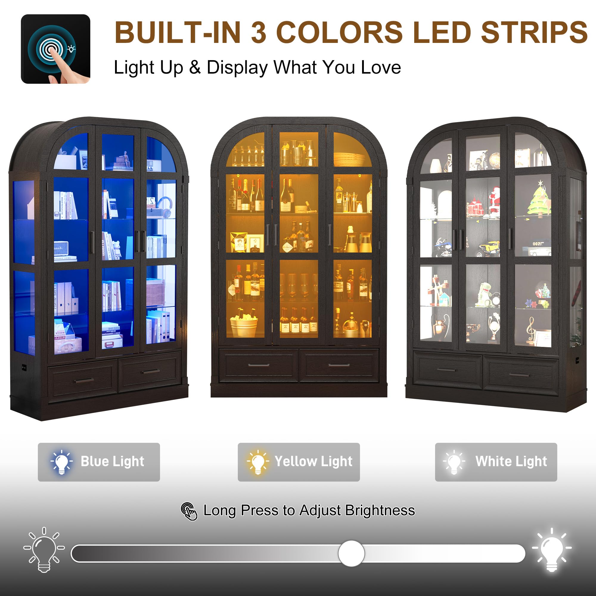 3-Door Glass Display Cabinet with LED Lights