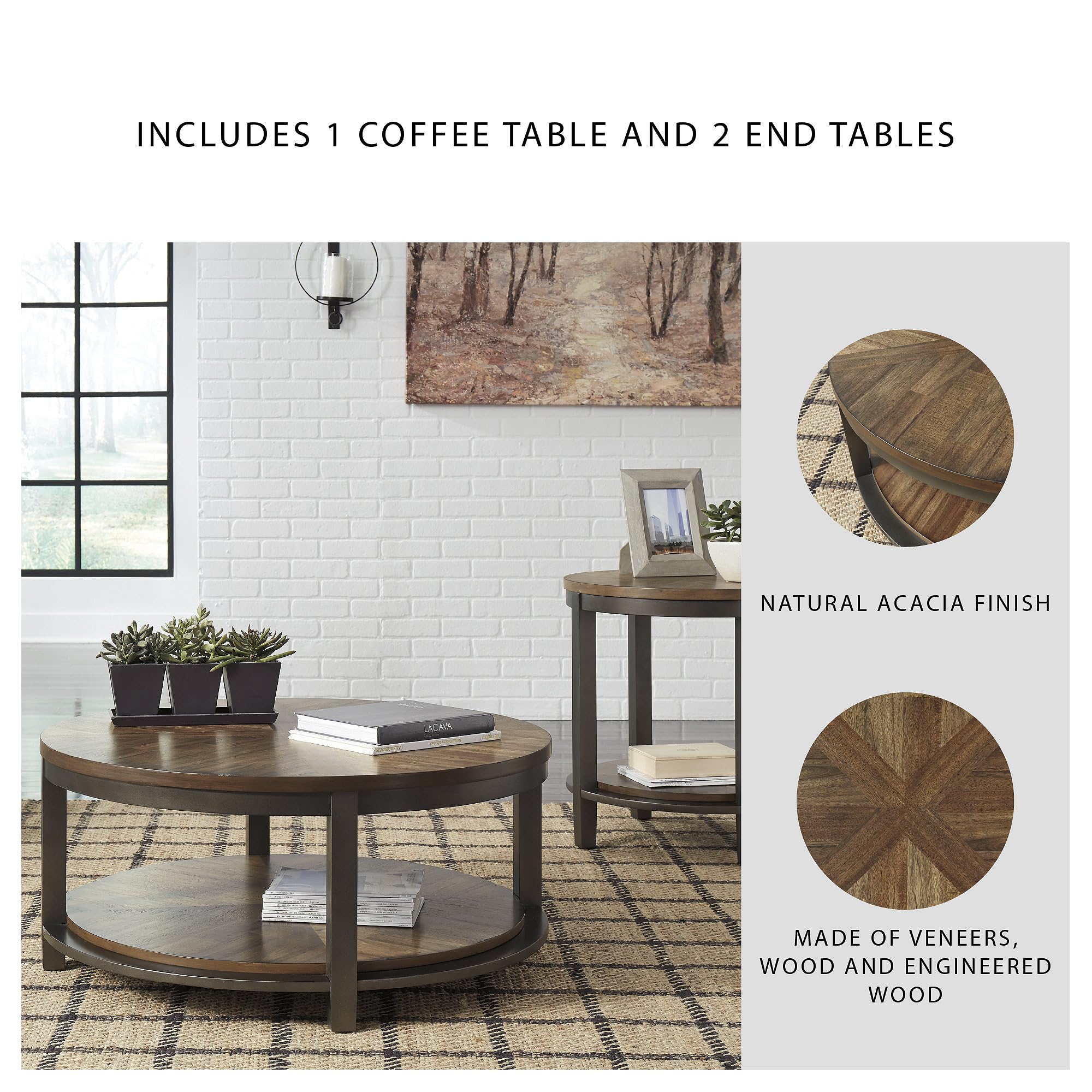 Roybeck Rustic Round 3-Piece Table Set with Fixed Shelf