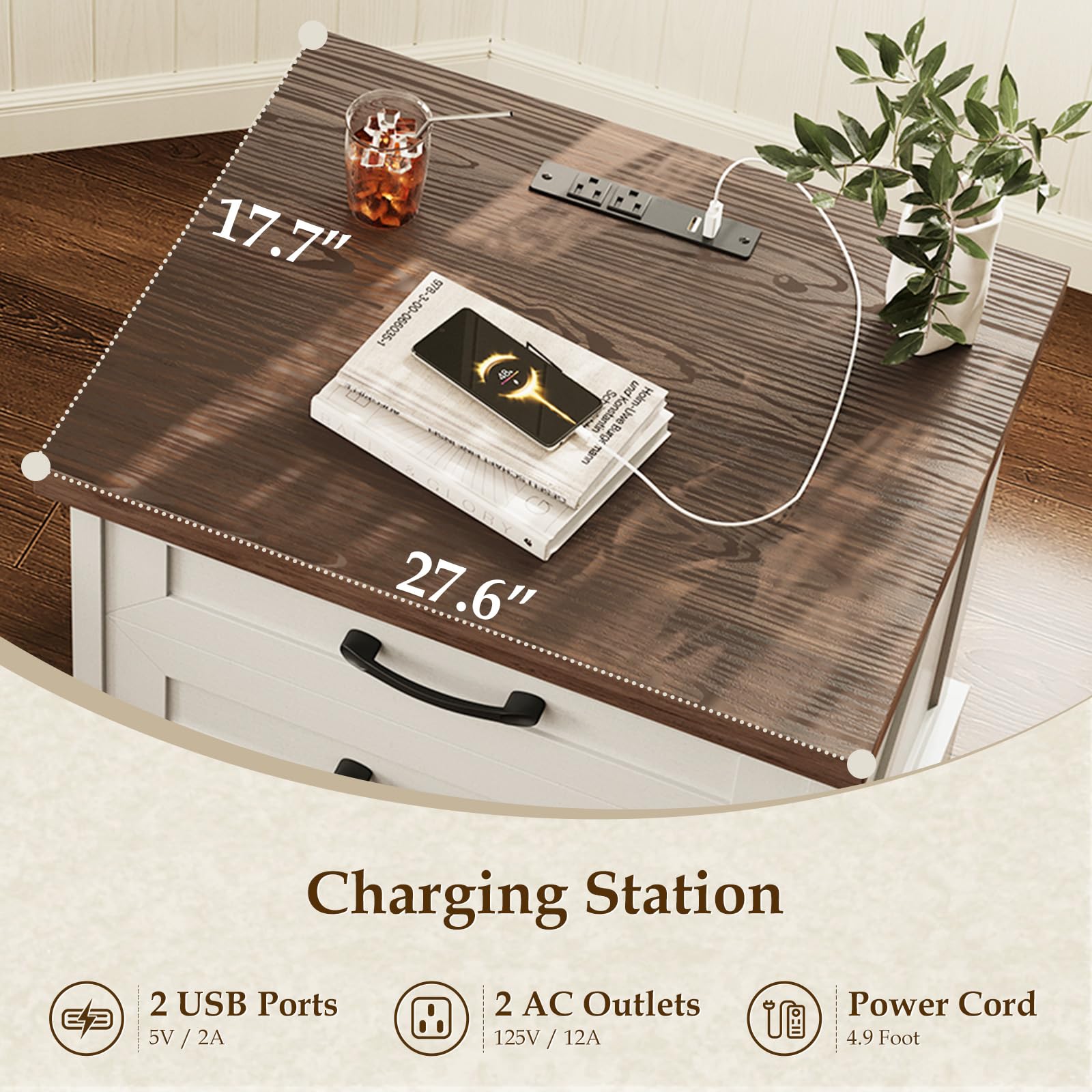 Farmhouse Nightstand with Charging Station and 3 Drawers