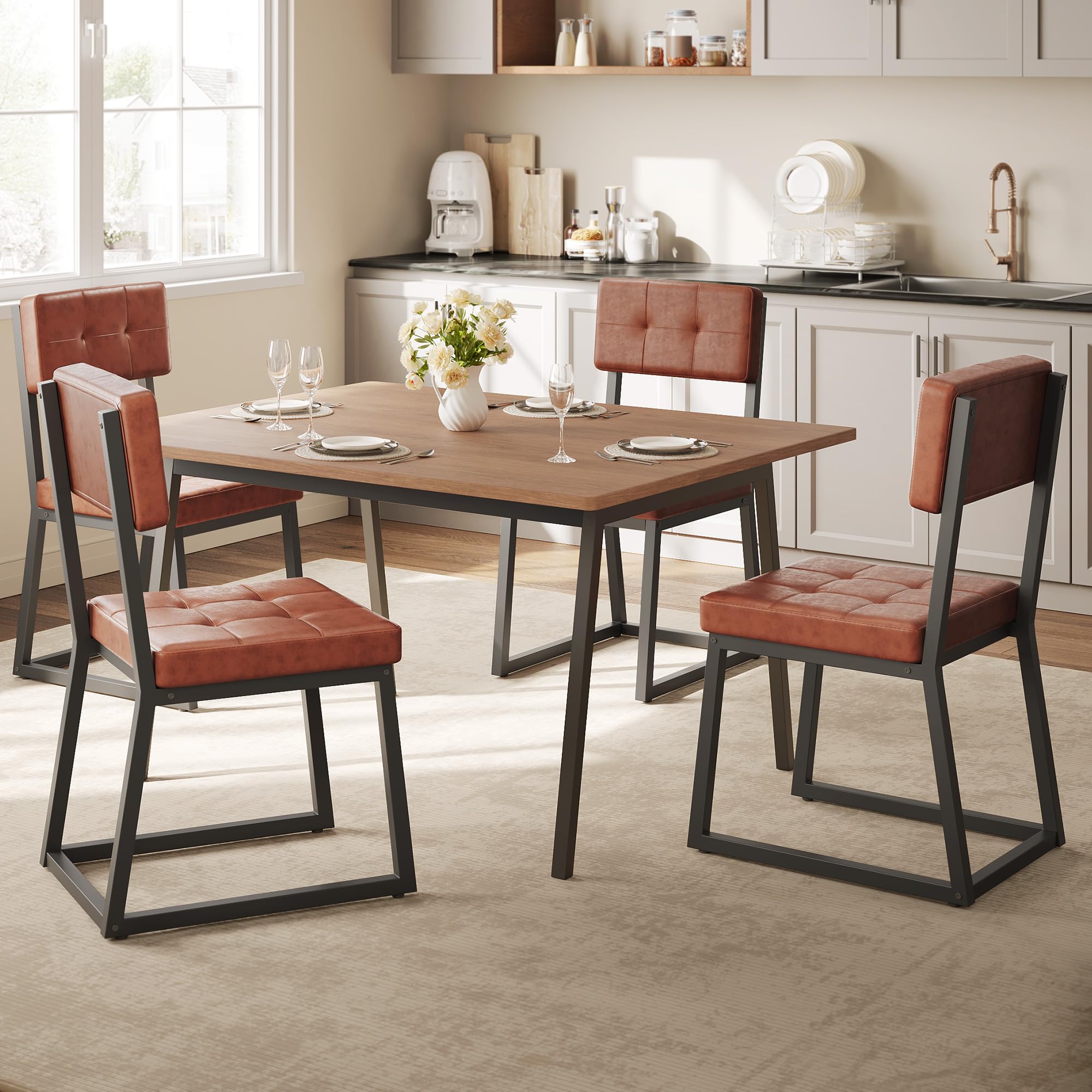 Dining Chairs Set of 4 with Faux Leather Cushion and Metal Legs