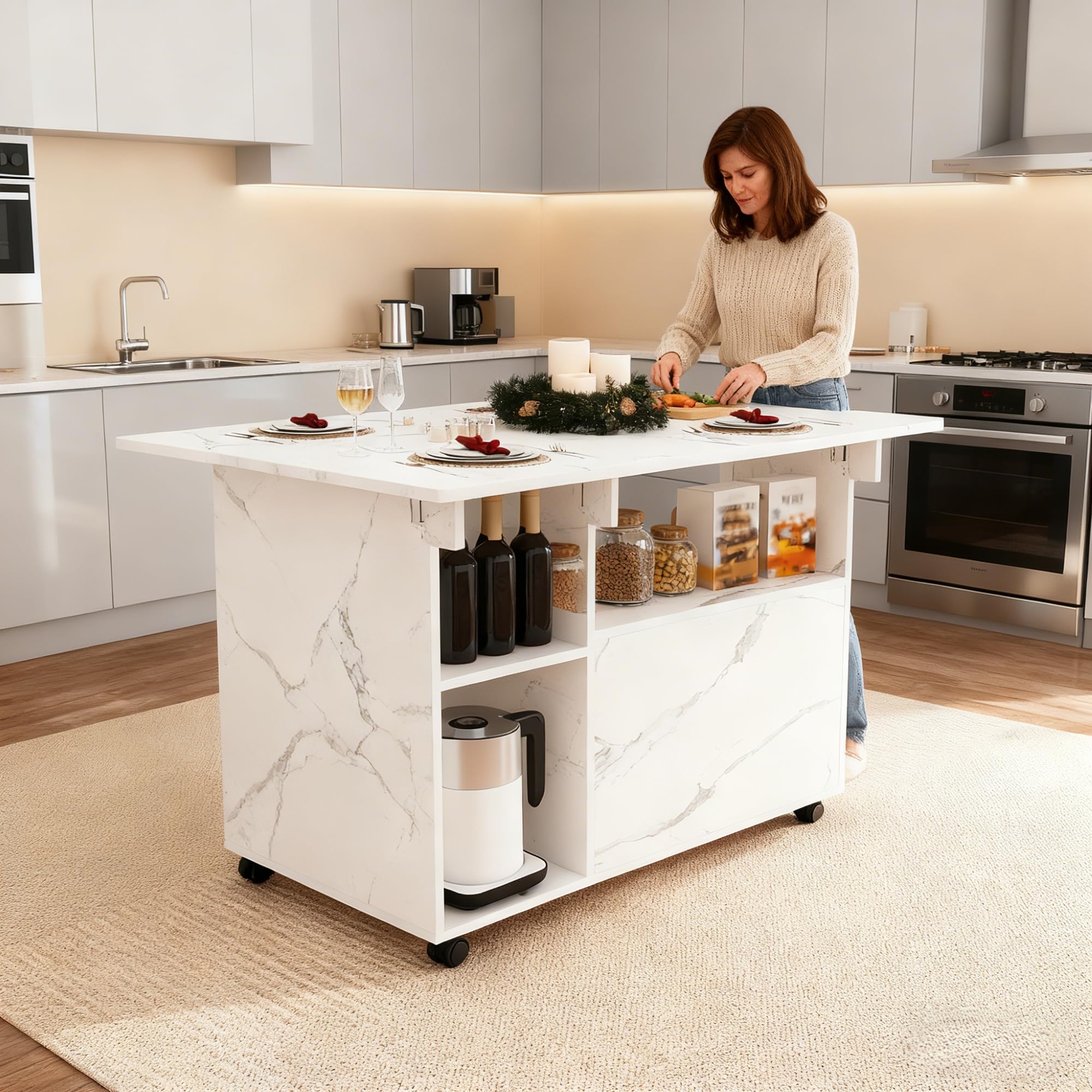 Foldable Kitchen Island Cart with Storage and Drop Leaf