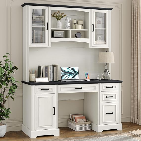 76" Farmhouse Executive Desk with Hutch and Charging Station