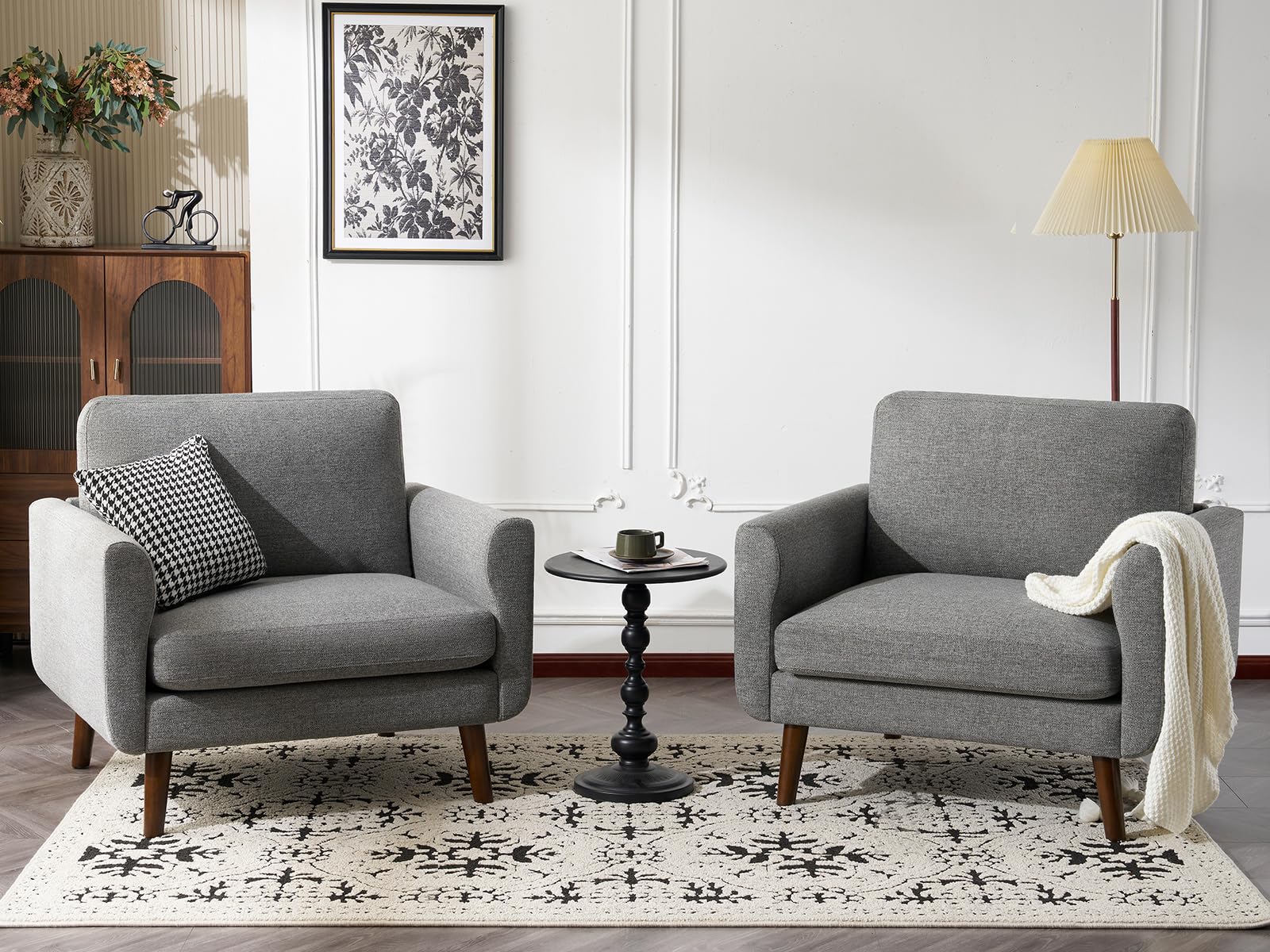 ELUCHANG Accent Chairs Set of 2, Oversized Mid Century Modern Arm Chair, Soft Linen Fabric Sofa Chairs Upholstered Comfy Chair for Living Room Bedroom Apartment (Grey)