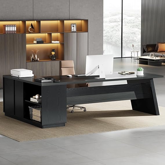 78-Inch L-Shaped Executive Desk with File Cabinet and Storage