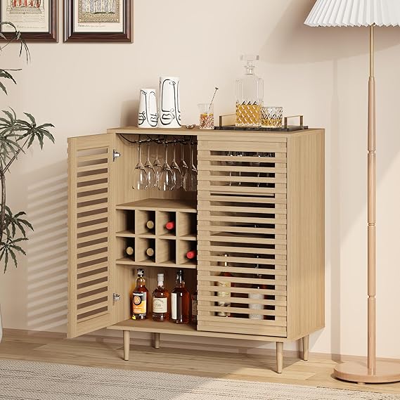 Mid Century Bar Cabinet with Wine Racks and Slatted Doors