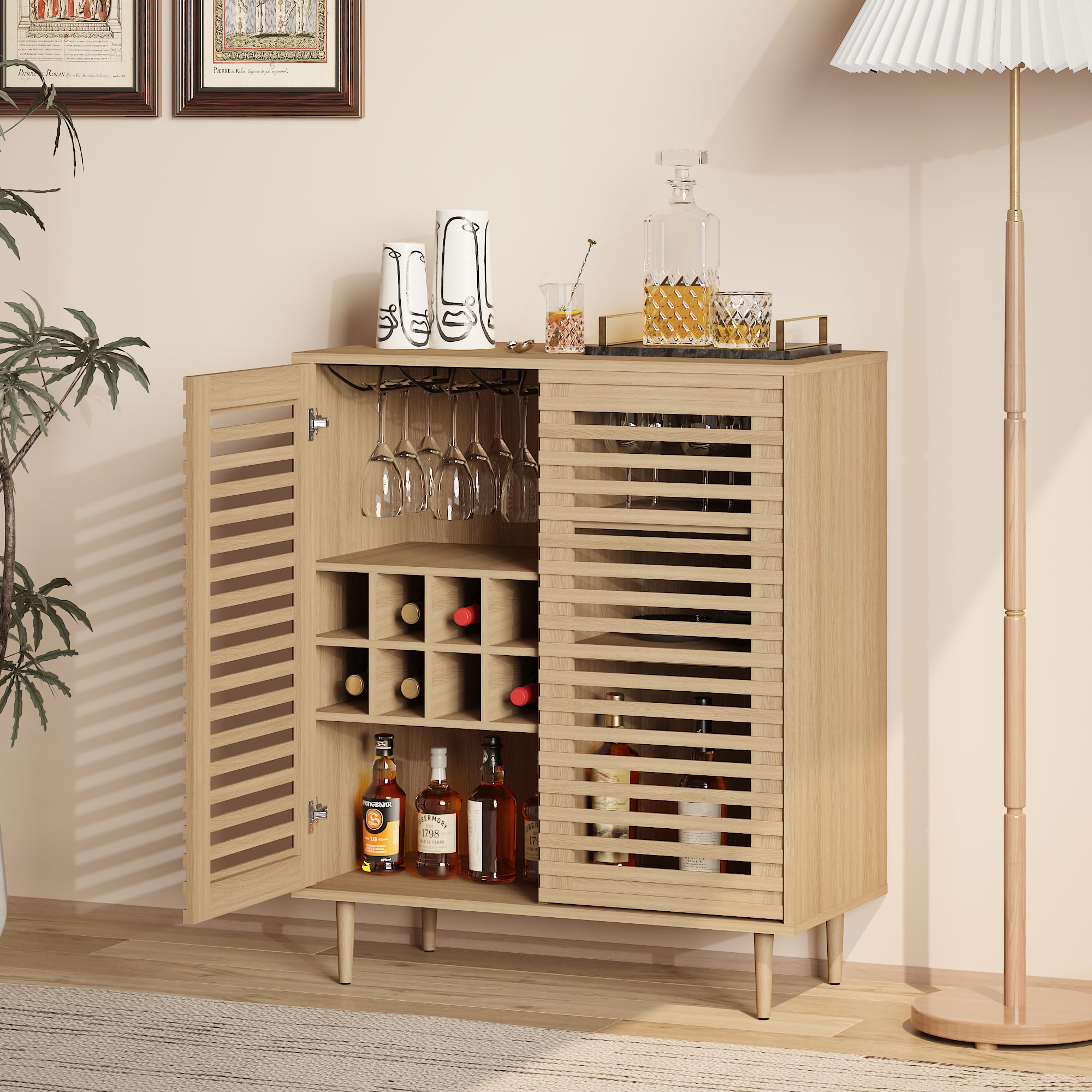 Mid Century Bar Cabinet with Wine Racks and Slatted Doors