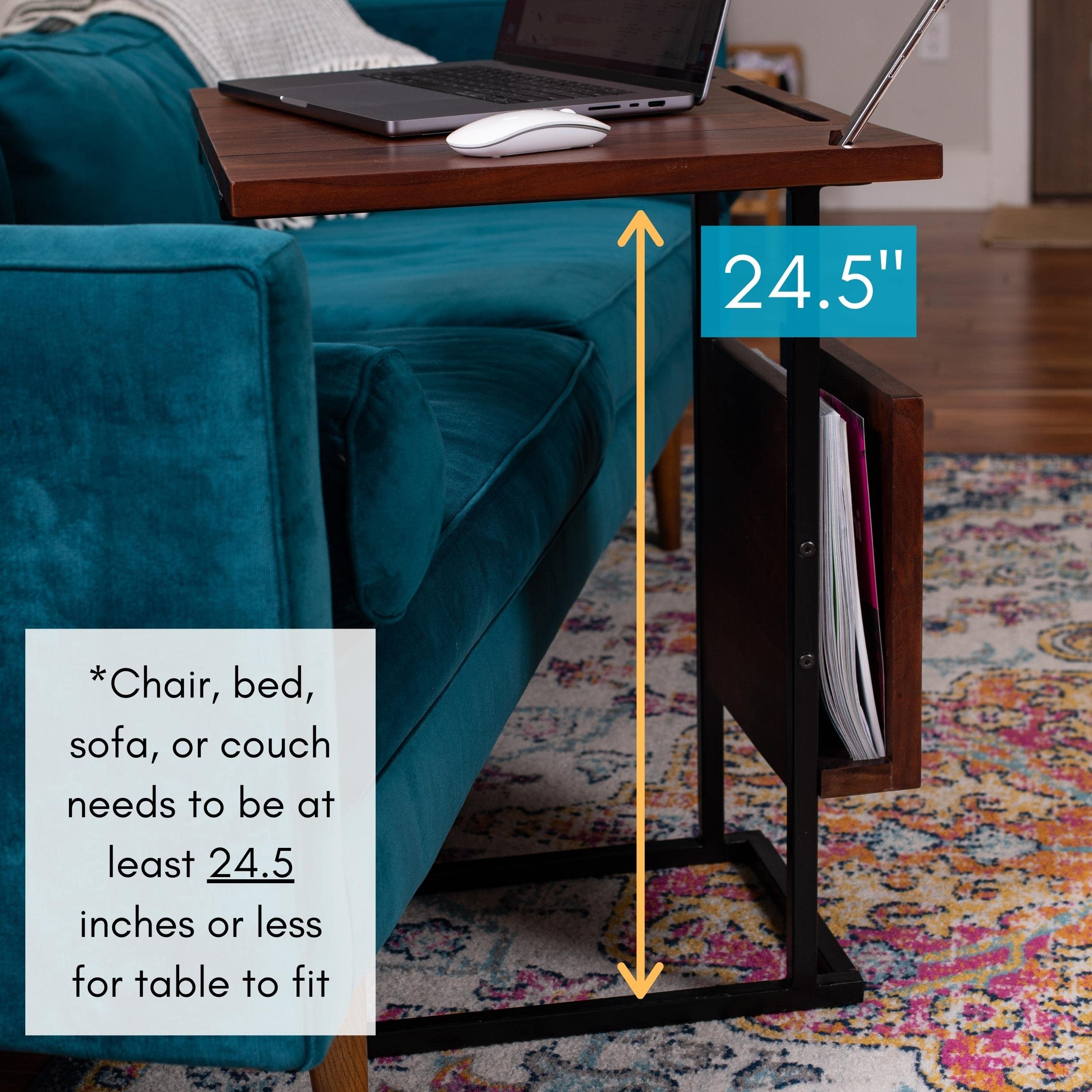 Acacia Wood Expandable C-Shaped Side Table with Phone & Tablet Stand