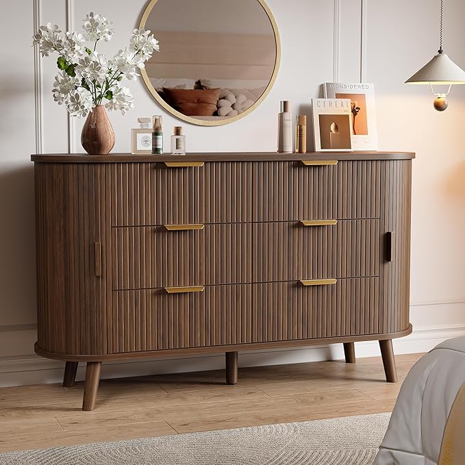 Fluted 6-Drawer Dresser with Sliding Door - 55 Inch Wide Mid-Century Modern
