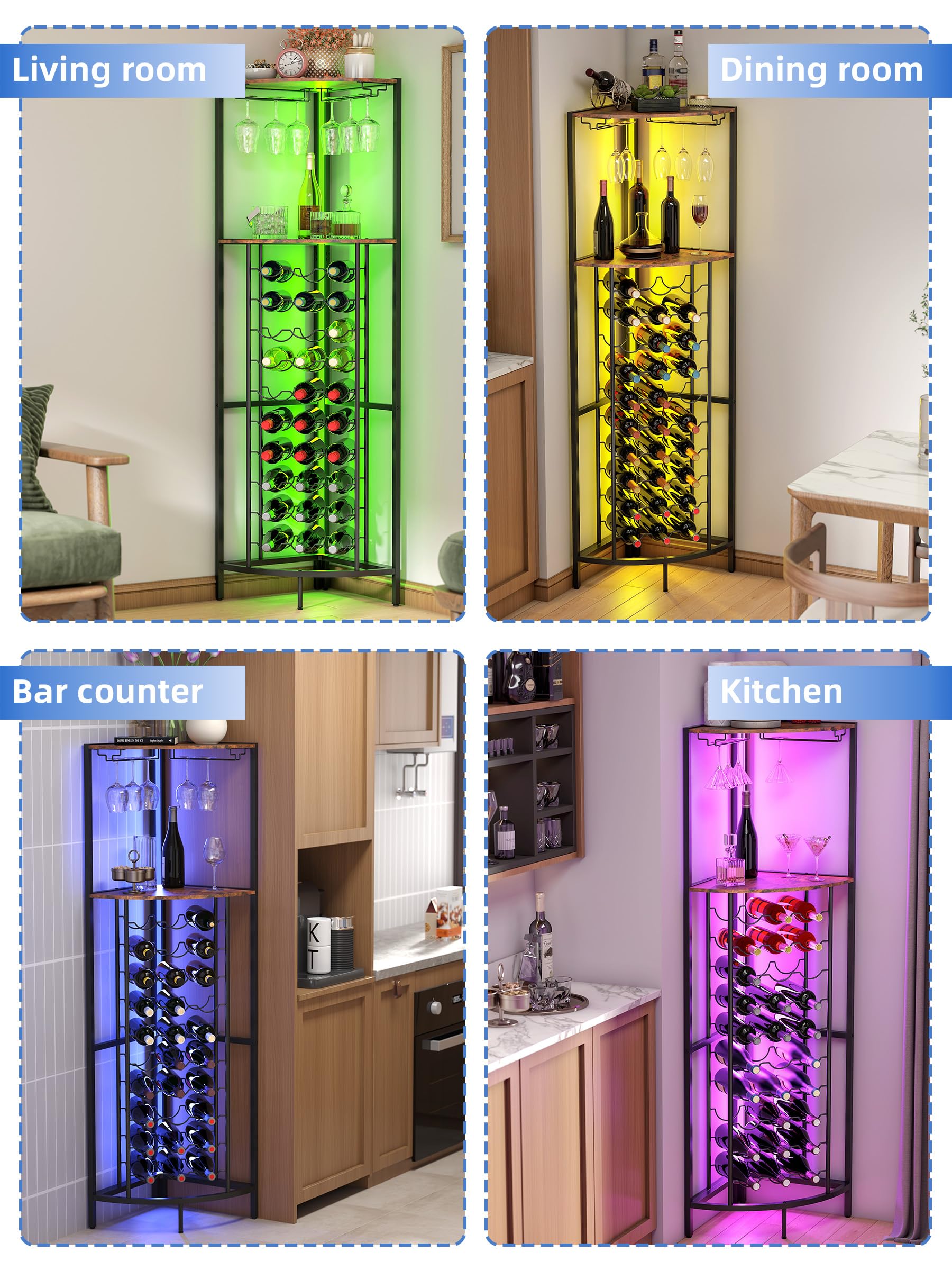 Corner Wine Rack with LED Strip Light - 30 Bottle Capacity