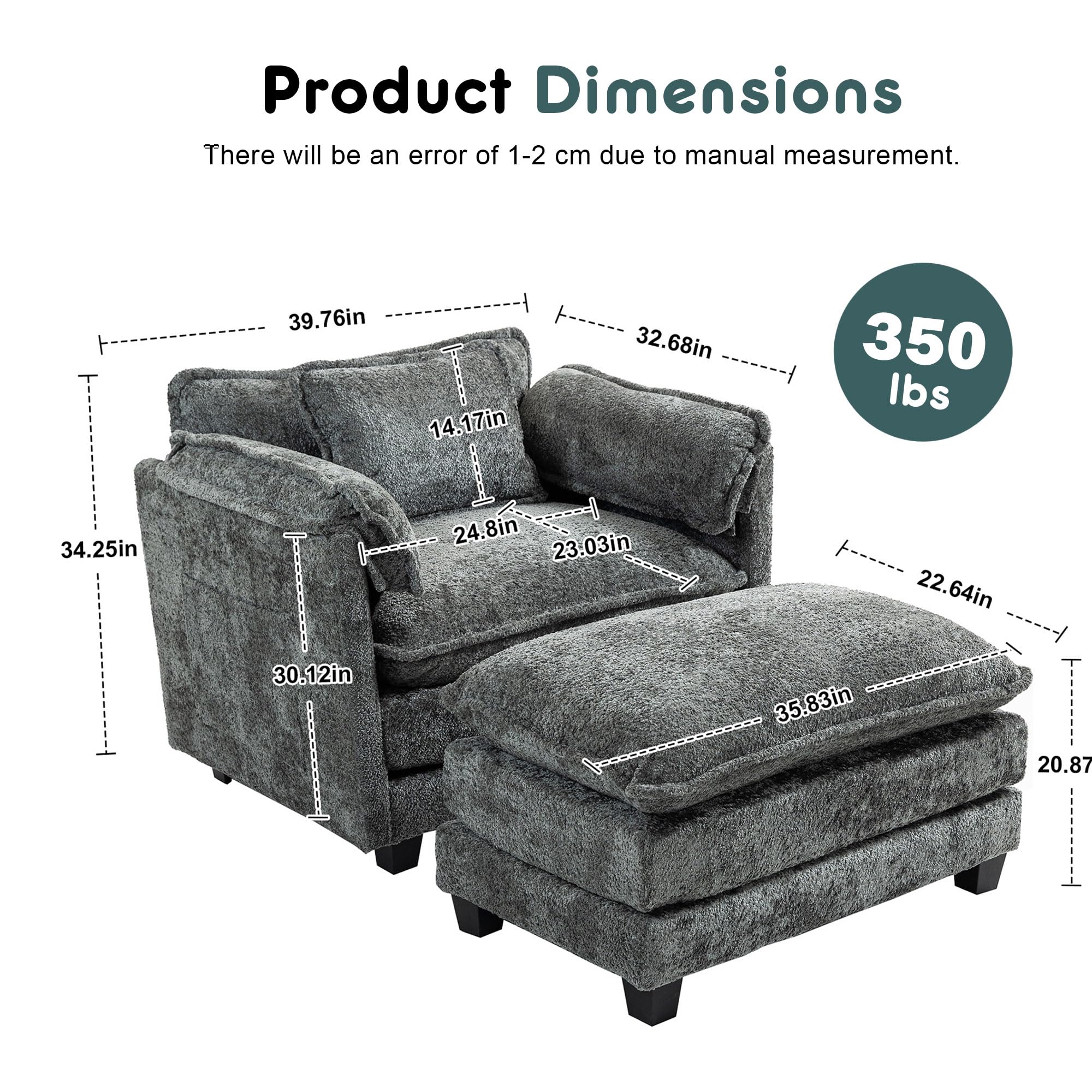 KEIKI Boucle Oversized Reading Chair with Storage & Ottoman, 40" W Modern Accent Chair W/Double Deep Cushion Seating, Comfy Upholstered Single Sofa Lounge Armchair for Living Room, Bedroom, Drak Grey