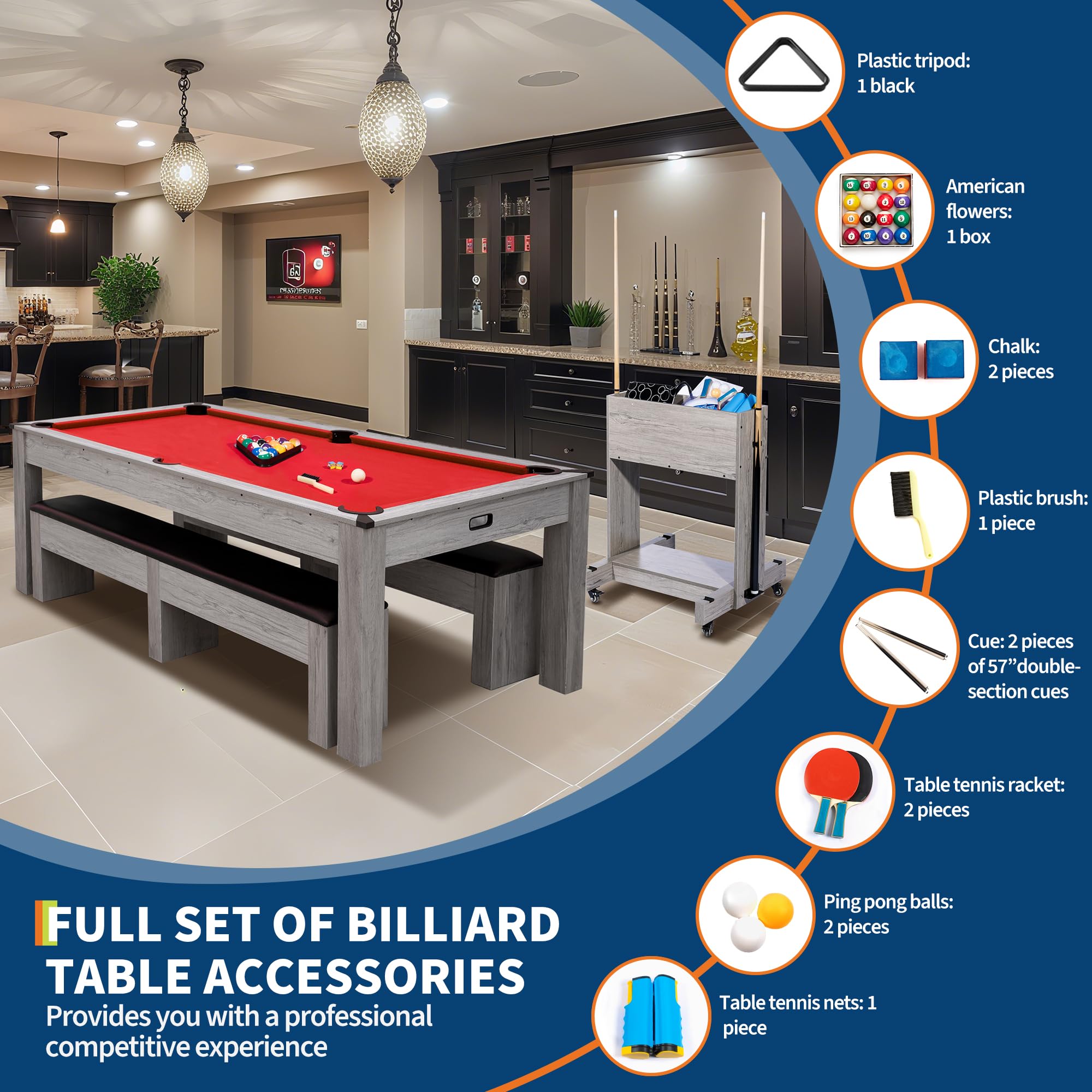 7FT 3-in-1 Pool Table with Dining Top & Table Tennis