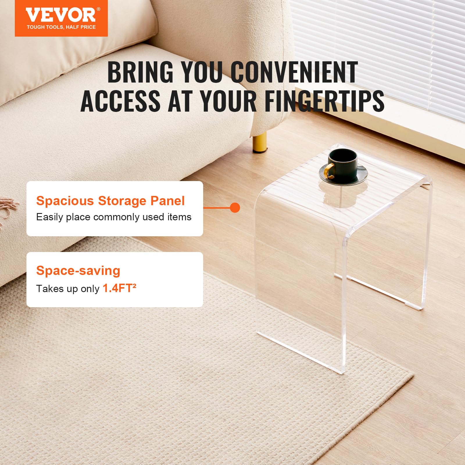 Acrylic Side Table Set of 2 - U-Shaped Clear End Tables with Waterfall Edges