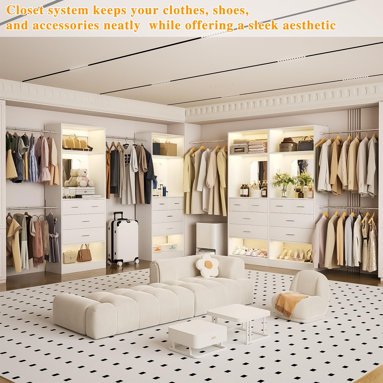 Walk-In Closet Organizer with 8 Drawers and Mirror