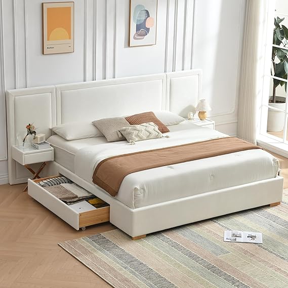 Queen Bed Frame with Storage and Floating Nightstands