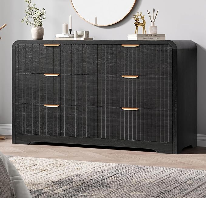 Modern 6 Drawer Dresser with Curved Fluted Design