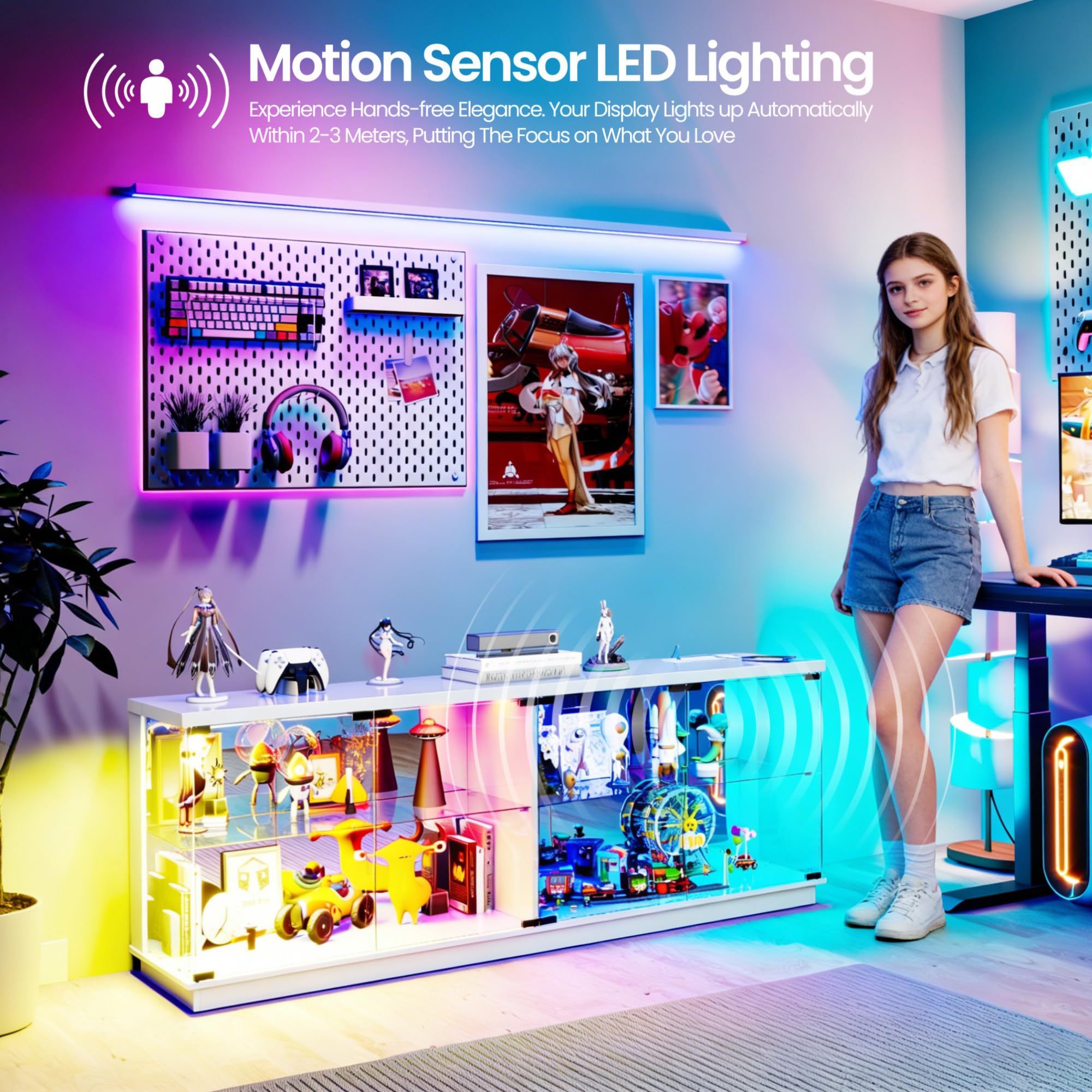 RGB Lighted Glass Display Cabinet with Motion Sensor