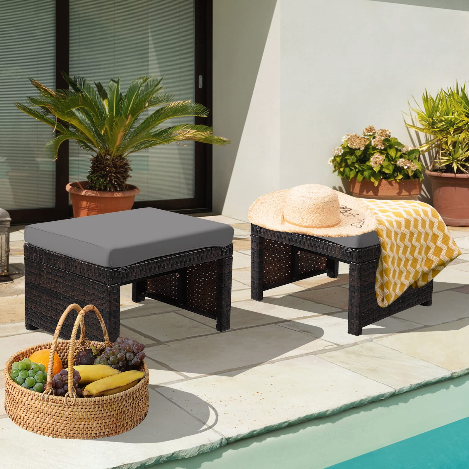 2 Piece Outdoor Wicker Ottomans with Cushions