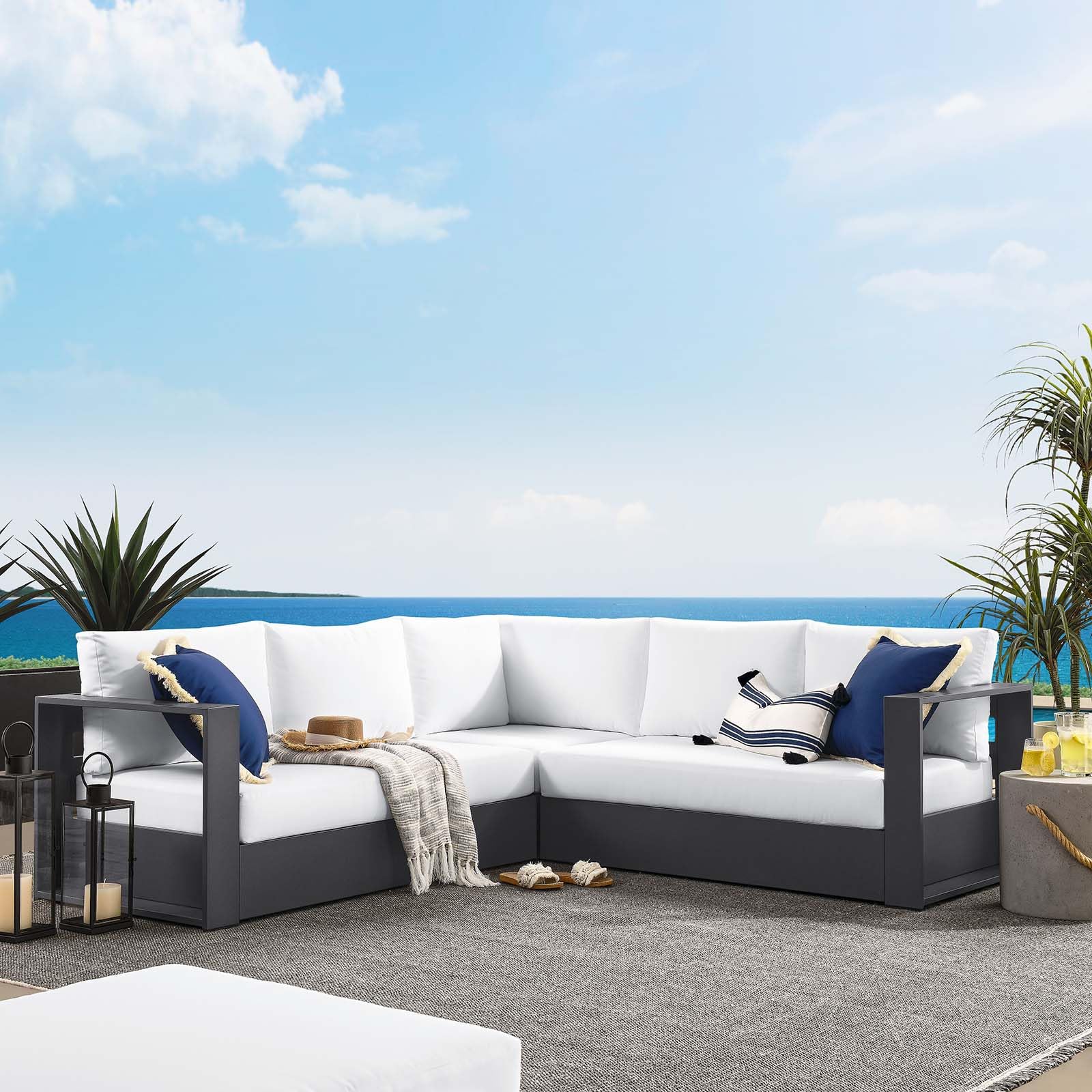 Outdoor Patio Sectional Sofa Set Gray White